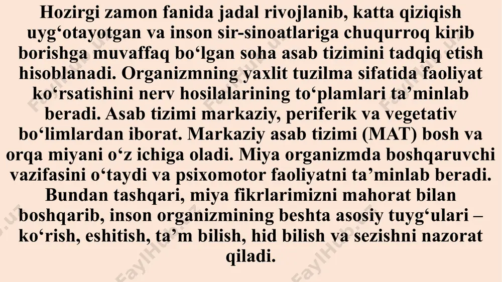 rchasi vegetativ asab tizimini tashkil etadi. uning faoliyati inson iroda kuchiga bog‘liq bo‘lmaydi. (2.1 rasm) asab tizimi organizmning ixtiyoriy va ixtiyorsiz bajariladigan vazifalarini boshqaradi. ixtiyorsiz bajariladigan vazifalarga misol qilib ovqat hazm qilish vazifasini keltirishimiz mumkin. asab tizimini tashkil etuvchi milliardlab asab hujayralari organizmning o‘zidan, shuningdek, tashqi muhitdan axborot qabul qiladilar. bosh miya xaritasini tuzib, nervlar vazifalarini aniqlashga ilk marotaba tomas uillis (1621-1675) qo‘l urgan edi. nemis vrachi frans gall (1758-1828) miyaning frenologiya xaritasini yaratib, unda «ruh layoqatlari» deb nomlagan psixikaning xossalarini joylashtirdi.[2] bosh va orqa miya – ikki hayotiy muhim organlar – miya qutisi va umurtqa pog‘onasi suyaklari bilan o‘ralgan va himoya qilinadi. miyaning asosiy tarkibiy qismlari bo‘lib katta miya (ikki yarim sharlar), miyacha, orqa miya hisoblanadi. miya yarim sharlari – bu organning axborotni qabul qilib, tananing boshqa qismlariga o‘tkazuvchi asosiy qismidir. yarim sharlar nutq, tafakkur va xotiraga ma’suldirlar. miyacha asosan tana harakatlarini muvofiqlashtirishga yordam beradi. orqa miya yurak faoliyati, …