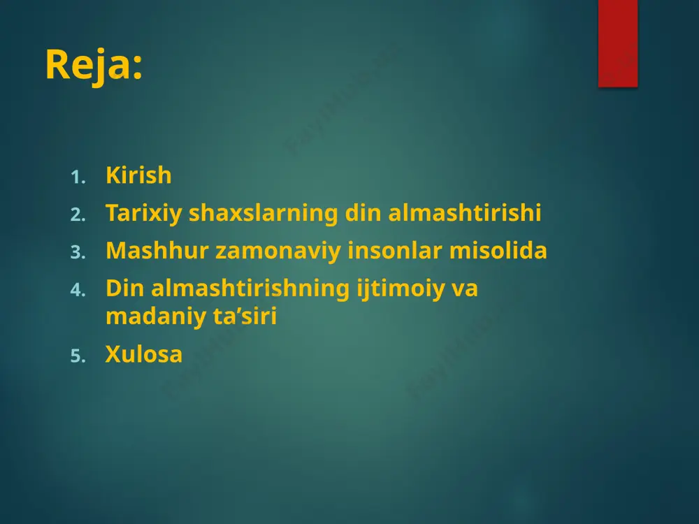 ’atkorlar esa buddizm yoki xristianlikni tanlagan. ularning qarorlari ko‘pincha shaxsiy izlanish, ruhiy sokinlikka intilish va hayotda ma’naviy ma’noni izlash bilan izohlanadi. mashhurlar hayoti doimiy e’tibor markazida bo‘lgani uchun ularning din almashtirishi millionlab insonlar ongiga ta’sir ko‘rsatishi mumkin. bugungi kunda mashhur shaxslarning din almashtirishi keng omma orasida katta qiziqish uyg‘otmoqda. masalan, dunyoga mashhur bokschi muhammad ali (sobiq cassius clay) 1964-yilda islom dinini qabul qilgani bilan tanilgan. uning qarori nafaqat sport olamida, balki butun dunyoda katta ta’sir uyg‘otib, millionlab insonlarni islomga qiziqtirdi. shuningdek, mashhur basketbolchi kareem abdul-jabbar ham yoshligida dinini o‘zgartirib, islomni tanladi va bugungi kunda nafaqat sportchi, balki diniy targ‘ibotchi sifatida ham e’tirof etiladi. mashhur san’atkor cat stevens (hozirgi yusuf islam) ham xristianlikdan islomga o‘tib, butun ijodini diniy va ma’naviy yo‘nalishga bag‘ishladi. zamonaviy davrda gollivud yulduzlari orasida ham buddizm yoki xristianlikka qaytganlar bor. ularning qarorlari ko‘pincha ruhiy izlanish, hayotdagi muammolarga javob topish va ichki sokinlikka intilish bilan izohlanadi. demak, mashhur insonlarning …