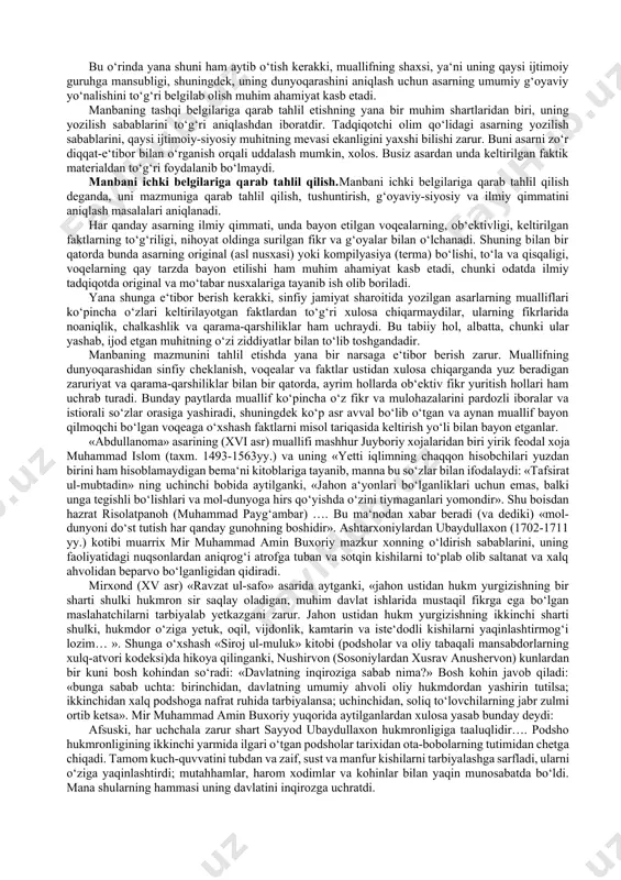 o ulug‘bek shaxsi va uning ilmiy merosi to‘g‘risida juda qimmatli fikrlar mavjud. yozma manbalardagi o‘ziga xoslikning biri shuki, ularda bayon etilgan voqea, hodisalarga subyektiv yondashuv, ayrimlarini xaspo‘shlash yoki buzib talqin etish hollari uchrab turadi. bunday asarlar ustida tadqiqot olib borilganda, ularga tanqidiy yondashish talab etiladi. bu esa manbashunoslikning asosiy ilmiy talab va tamoyillaridan biridir. arxeografiya — yozma manbalarni ilk tavsifga olish yoki ularni qidirib topib, birinchi marta tavsiflash, ilmiy muomalaga olib kirishni nazarda tutadi. bu ilmiy yo‘nalish respublikamiz fanlar akademiyasining abu rayhon beruniy nomidagi sharqshunoslik instituti va sobiq qo‘lyozmalar institutida boshlangan bo‘lib, ma‘lum davrgacha farg‘ona vodiysi, samarqand, buxoro va xorazm viloyatlariga qator arxeografik ekspeditsiyalar uyushtirilgan. hozirgi paytda sharqshunoslik instituti va islom universiteti qoshida sharq qo‘lyozmalarini qabul qilish arxeografik komissiyalari mavjud bo‘lib, ularda aholi o‘rtasida mavjud yozma manbalaming qiymatini aniqlashga qodir mutaxassislar bor. tarixiy manbalarni aniqlash, tanlash va tahlil etish. tarixiy manbani aniqlash, tanlash va nihoyat uni ilmiy tahlil qilish har …