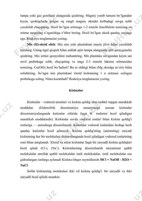 h: masalan, xlorning vodorod bilan birikishidan vodorod xlorid hosil bo’ladi, bu gazning suvdagi eritmasi xlorid kislotadir; 2. kislotali oksidlarga (angidridlarga) suv biriktirish; masalan: no2+h2ohno3 3. tuz bilan kislotani o’zaro ta’sir ettirish; masalan: 4. ca(no3)2+h2so4=2hno3+caso4 birinchi usul bilan faqat kislorodsiz kislotalar olish mumkin. ikkinchi usul bilan faqat kislorodli kislotalar olishda foydalaniladi. uchinchi usul bilan kislorodli kislotalar olishda ham, kislorodsiz kislotalar olishda ham foydalaniladi. kimyoviy xossalari. metallarning faollik qatorida vodoroddan chapda turgan metallar uni kislotalardan siqib chiqaradi, o`ngda turganlari esa siqib chiqara olmaydi va bunda boshqa mahsulotlar hosil bo`ladi: cu + 4hno3 (kons.) = cu(no3)2 + 2no2↑ + 2h2o. vodorodni siqib chiqaradi h2 vodorodni siqib chiqara olmaydi li cs k ca na mg al mn zn cr fe ni sn pb cu ag hg au pt 1. indikatorlarga munosabati. lakmus-qizil; metiloranj-pushti 2. asoslar bilan ta’sirlashuv (neytrallanish reaksiyasi): h2so4 + 2koh = k2so4 + 2h2o; 2hno3 + ca(oh)2 =ca(no3)2 + 2h2o 3. asosli …