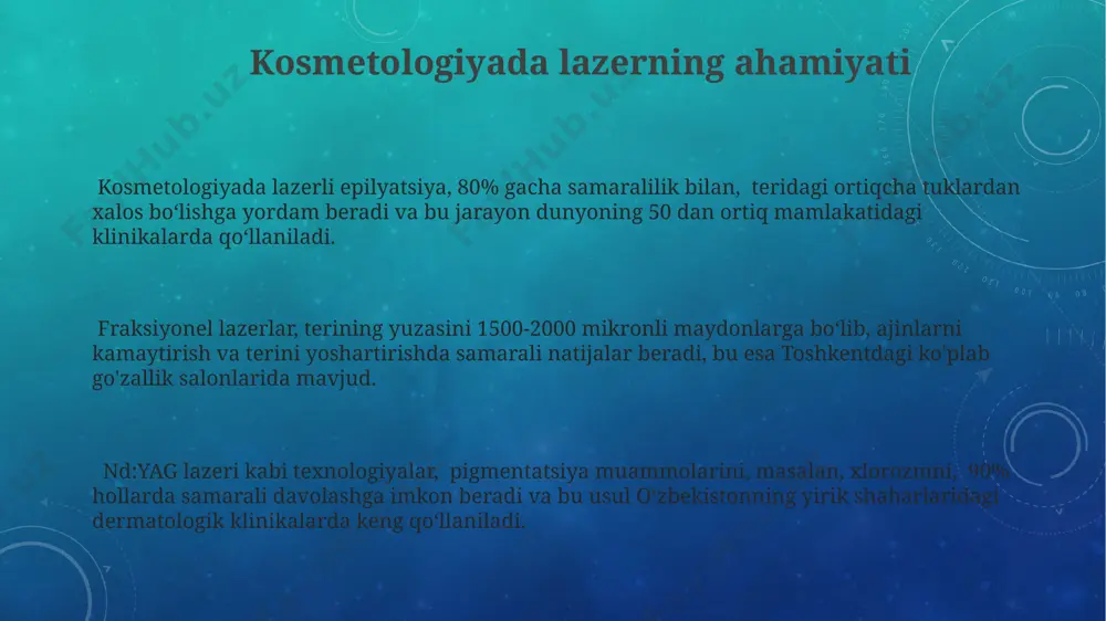 darajasi kuzatilgan, bu esa jahon sog'liqni saqlash tashkilotining 2023 yildagi ma'lumotlariga asoslanadi. fraxel lazer tizimi yordamida vagina atrofiyasi davolashda 70% hollarda, bir necha sessiyadan so'ng, bemorlarda sezilarli yaxshilanish kuzatiladi, bu esa germaniyaning "dermatologiya" jurnalining tadqiqotlarida tasdiqlangan. 2010 yildan buyon toshkentdagi ko'plab reproduktiv salomatlik klinikalarida past intensivli lazer terapiyasi bepushtlikni davolashda qo'llanilmoqda, bu usul 35-45 yoshli ayollarda homilador bo'lish imkoniyatini sezilarli darajada oshiradi. kelajakdagi istiqbollar va tadqiqotlar aqshning massachusets texnologiya institutida (mit) o'tkazilgan tadqiqotlar shuni ko'rsatdiki, 1064 nm to'lqin uzunligiga ega lazerlar yordamida teri ostidagi qon tomirlarini aniq va shikastlamasdan tekshirish mumkin, bu esa diagnostika sohasida inqilob qilishi mumkin. hozirgi kunda dunyo bo'ylab 500 dan ortiq ilmiy markazlarda lazer texnologiyalari yordamida saraton hujayralarini aniq va tezkor yo'q qilish bo'yicha tadqiqotlar olib borilmoqda, bu esa yaqin 10 yilda davolash usullarini tubdan o'zgartirishi mumkin. yaponiya olimlari tomonidan olib borilayotgan tadqiqotlar lazer nurlanishi yordamida neyrodegenerativ kasalliklarni, jumladan, altsgeymer kasalligini davolashning yangi usullarini rivojlantirishga qaratilgan …