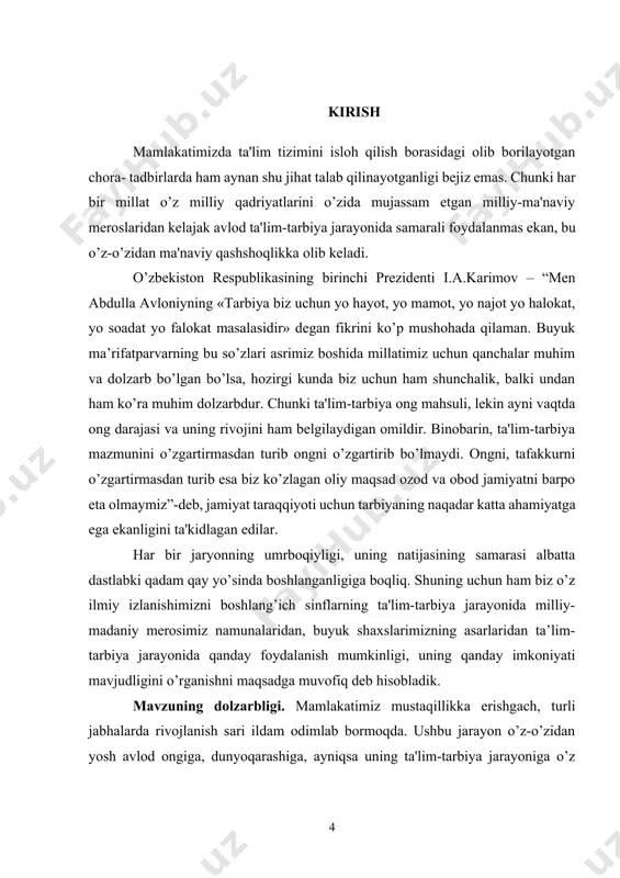 y mеroslari asosida tarbiyalashni, ta'lim bеrishni taqazo etadi. i-bob. pedagogika va psixologiyaga oid adabiyatlarda shaxs tarbiyasi masalalari. 1. barkamol shaxsni tarbiyalashning maqsad vazifalari barkamol avlod - ko`nglida, qalb-qo`rida ishonch va iftixor tuyg`ular mavjlanib turgan avloddir. u nafaqat haq-huquqini, balki fuqarolik burchini ham chuqur anglaydi. xuddi shu anglash, his qilish qaysi ilm dargohida ta'lim olmasin, qay bir sohada mehnat qilmasin, ulug` yurtning an'analariga munosib bo`lishga undaydi. hech shubhasiz, har qanday millat o`z farzandlarining barkamol bo`lishini orzu qiladi. aslida barkamollik juda keng tushuncha. tilimizning izoqli lug`atida barkamollik quyidagicha ta'riflanadi: "jismoniy va aqliy jihatdan kamolot, voyaga yetish, bekamu ko`st mukammallik holati va hokazo". barkamol shaxsni tarbiyalashda muallimning bilimdon bo’lishi, ma'naviy barkamolligi o’quvchi shaxsining shakllanishiga barkamol shaxs bo’lib voyaga etishida ijobiy ta'sir o’tkazadi. «qadimgi ajdodlarimiz», - dеgan edi. o’zbеkiston rеspublikasining birinchi prezidenti i.a.karimov oliy majlisining birinchi sеssiyasidagi ma'ruzasida, - komil inson haqida butun bir ahloqiy talablar majmuasini, zamonaviy tilda aytsak, sharqona axloq kodеksini ishlab …
