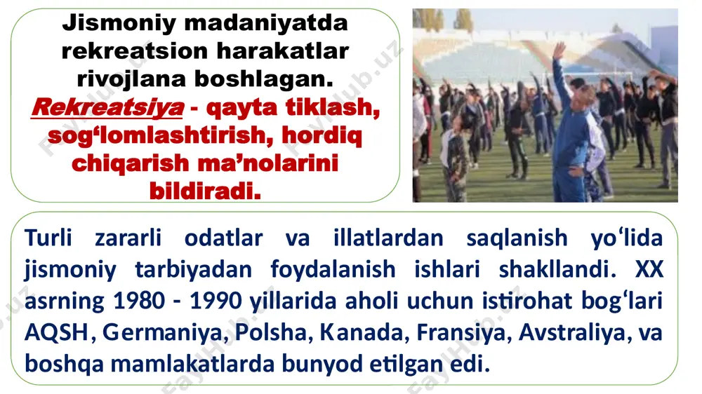 b, xalqaro olimpiya qo‘mitasi (xoq) va bir qator sport federatsiyalarining (xsf) ruxsati bilan professional sportchilar olimpiya o‘yinlarida qatnashish huquqini oldilar. aqsh, gfr, yaponiya, fransiya, angliya, italiya kabi taraqqiy qilgan yirik mamlakatlarda tibbiyot, fiziologiya, psixologiya sohalarida ilmiy tadqiqot o‘tkazildi. sportga o‘rgatish va mashg‘ulotlarni tashkil qilish yangi usullari ishlab chiqildi. ilmiy-tadqiqot natijalariga asosan, universitetlar va kollejlarning majmualarida hamda yuqori malakali sportchilarni jalb etish yo‘li bilan ilmiy markazlarda katta sinov-tajribalar amalga oshirib borilgan. sportning rivojlanishi va xalqaro sport uyushmalarini tashkil topishi. hozirgi davr sporti xx asrlardagi yirik ijtimoiy o‘zgarishlar, ishlab chiqarish jarayonidagi inqiloblar, harbiy ish, ilm-fan, madaniyat va san’atdagi taraqqiyot mahsulidir. ikkinchi jahon urushidan keyingi yillarda chet el mamlakatlarida olimpiya sporti keng miqyosda rivojlanib ketdi. bunga, asosan, ushbu mamlakatlarda yozgi va qishki sport turlari bo‘yicha olimpiya o‘yinlarining o‘tkazilishi sabab bo‘ldi. shu asosda yaponiyada gimnastika, dzyu-do va qishki sport turlari; kanada va skandinaviya mamlakatlarida konkida uchish, chang‘i sport turlari, xokkey; fransiya, gfr va avstraliyada …
