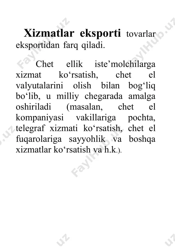 onidan tartibga solishning boshqa tadbirlaridagi farqlar va boshqa qator muassasaviy to‘siqlar real kapitalning milliy chegara orqali migratsiyasini cheklaydi. har bir mamlakat har xil valyutadan foydalanadi. bu mamla- katlar o‘rtasida xalqaro savdoni amalga oshirishda muayyan qiyinchi- liklar tug‘diradi. xalqaro savdo siyosiy aralashuv va nazoratga mahkum bo‘lib, bu ichki savdoga nisbatan qo‘llaniladigan tadbirlardan tavsifi va darajasi bo‘yicha sezilarli farqlanadi. 105 1) barter – tovarlarni to‘g‘ridan-to‘g‘ri, pul ishtirokisiz bir-biriga ayirboshlash. barterda pul ishtirok etmasada, tovarlarning qiymatini bir-biriga taqqoslash uchun pulning qiymat o‘lchovi vazifasi orqali baholab olinadi; eksport qiluvchilar tomonidan yetkazib berilgan tovarlar qiymatining bir qismiga import tovarlarni xarid qilish; texnikaning yangi modellarini sotishda eskirgan modellarni sotib olish; import qilingan asbob-uskunalar qism va detallarini importga sotuvchi mamlakat tomonidan butlab berish; kompensatsion bitimlar. mazkur bitimlar shartiga ko‘ra, texno- logik asbob-uskunalar yetkazib beruvchi tomonlarning biri taqdim etgan kredit (moliyaviy, tovar ko‘rinishidagi) bo‘yicha to‘lovlar ana shu asbob-uskunalarda tayyorlangan tayyor mahsulotlarni yetkazib berish orqali amalga oshiriladi; bir mamlakatda …