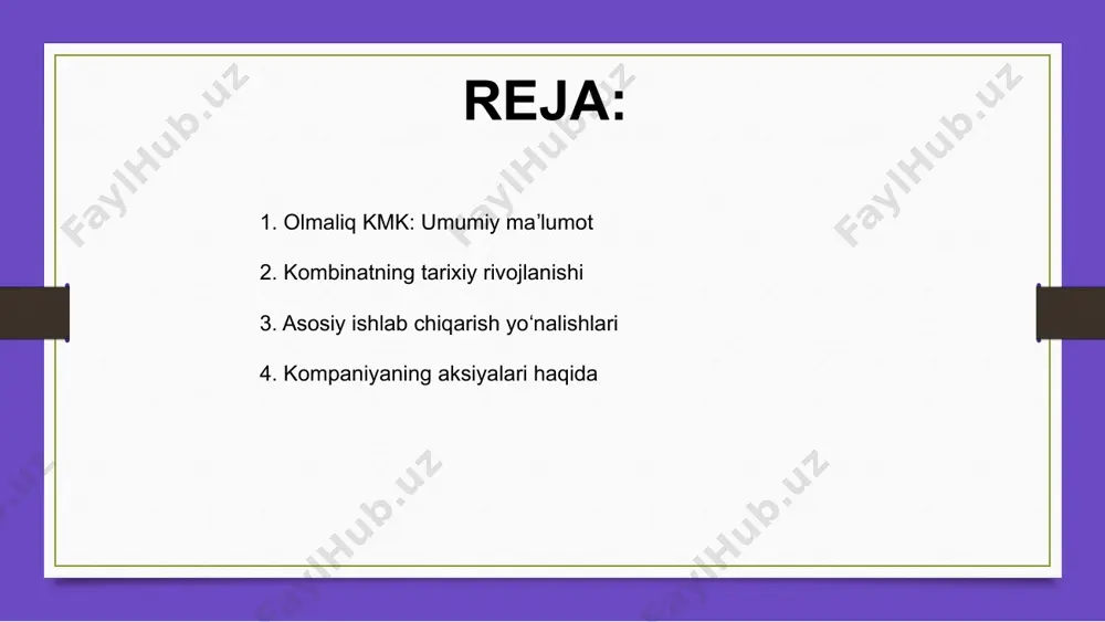 tida bo‘lib, u yirik investorlar va milliy manfaatlar asosida boshqariladi; aktsiyadorlar ro‘yxati muntazam yangilanadi. asosiy ishlab chiqarish yo‘nalishlari mis, rux, oltin, kumush va boshqa rangli metallarni qazib olish va qayta ishlashni o‘z ichiga oladi. asosiy ishlab chiqarish yoʻnalishlari olmaliq kon-metallurgiya kombinati o‘zbekistonning yetakchi sanoat korxonalaridan biridir. 1954-yilda tashkil topgan bo‘lib, ko‘plab metall resurslarini qayta ishlaydi. kompaniyaning aksiyalari o‘zbekiston fond bozorida muomalada bo‘lib, davlat va xususiy investorlar tomonidan boshqariladi. ularning qiymati bozordagi holatga qarab o‘zgaradi. hozirda kompaniyada davlat ishtiroki yuqori bo‘lib, asosiy aktsiyadorlar qatoriga yirik milliy investitsiya fondlari va strategik hamkorlar kiradi. kompaniyaning aksiyalari haqida 01 olmaliq kon-metallurgiya kombinati o‘zbekistonning yirik sanoat korxonalaridan biri bo‘lib, mis, rux, oltin kabi qimmatbaho metallarni ishlab chiqaradi. 02 kombinatning aksiyadorlari orasida davlat ulushi katta bo‘lib, asosiy aksiyador — “o‘zkimyosanoat” kompaniyasi kombinatda yetakchi rol o‘ynaydi. 03 kombinat 1950-yillarda tashkil etilgan bo‘lib, uzoq yillik tarixga ega; bugungi kunda zamonaviy texnologiyalar bilan ishlashda davom etmoqda. asosiy aksiyadorlar tarkibi …