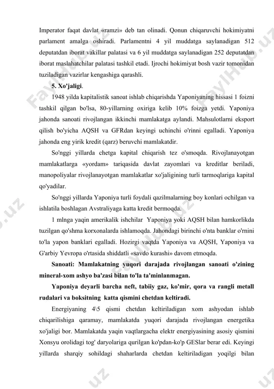 rajada rivojlangan energetika xo'jaligi bor. mamlakatda yaqin vaqtlargacha elektr energiyasining asosiy qismini xonsyu orolidagi tog' daryolariga qurilgan ko'pdan-ko'p geslar berar edi. keyingi yillarda sharqiy sohildagi shaharlarda chetdan keltiriladigan yoqilgi bilan ishlaydigan qudratli ieslar qurildi. hozir ham bu stansiyalar yaponiyada ishlab chiqariladigan elektr energiyasining deyarli 4\5 qismini berar edi. biroq 1980 yillarning oxiri 90 yillarning boshiga kelib mamlakatga chetdan neft olib kelishi kamaygan bo'lsada, uning mutlaq hajmi yuqoriligicha qolmoqda (200 mln tonna). uning yoqilg'i iste'molidagi hissasi qisqarmoqda (50%). mamlakatda ko'mir va atom energiyasining hissasi o'smoqda. hozirgi vaqtda 30 dan ortiq aeslar ishlab turibdi. yaponiya sanoat tarmoqlarini shartli ravishda 2 ta guruhga ajratish mumkin. birinchi guruhga metall va xomashyoni ko'p talab qiluvchi po'lat quyish, avtomobilsozlik va kemasozlik ishlab chiqarish tarmoqlari kiradi. yaponiya ushbu ishlab chiqarish sohalari bo'yicha 70 yillarda jahonda yetakchi mamlakat darajasiga erishgan edi. hozirgi vaqtda bu sanoat tarmoqlarining o'sishi to'xtadi, hatto kemasozlik sanoati keskin qisqarib ketdi. ikkinchi guruhga eng fan …