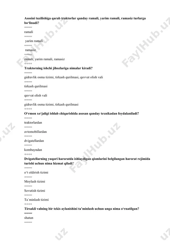 sali traktor tez yuradi ==== yer haydaydi ++++ plantaj pluglar qanday maqsadlarda ishlatiladi? ==== bog‘, tokzorlar va o‘rmon barpo etish maqsadida tuproqni chuqur shudgorlash uchun ==== tuproqda namni saqlab qolish uchun ==== o‘t ildizlarini, sabzi, sholg`om, lavlagi va x.k. o‘tqazish uchun tuproqni tayyorlash maqsadida to‘g‘ri javob yo‘q ++++ yerlarni o‘zlashtirishda dastlabki ishlov berishda qaysi mashinalardan foydalaniladi? ==== maxsus meliorativ mashinalardan ==== kultivatorlardan ==== seyalkalardan ==== to‘g‘ri javob yo‘q ++++ maxsus pluglar qaysi turlarga bo‘linadi? ==== toshli yerlarni shudgorlovchi, butazor-botqoq, plantaj, bog‘dorchilik, o‘rmonchilik, tokzorlarda, yarusli, tekis shudgorlovchi ==== butazor-botqoq, yarusli ==== plantaj, bog‘dorchilik ==== bo‘linmaydi ++++ traktor va avtomobillarga texnik xizmat ko‘rsatish turlari qaysilar ==== traktorning mator moyini almashtirish, ekspluatatsion materiallarning miqdorini tekshirib, kamini to`ldirish ==== traktorga plugni o‘rnatib, shudgor qilish. ==== traktor va plugni dalaga xaydab borish, shudgor qilinadigan dalani o‘rganish ==== mavsumiy ++++ mashina traktor agregati nima ==== traktorga o‘rmon xo‘jalik mashinasini qo‘shib texjaroyon bajarish uchun tayyorlangan texnika vositasi …