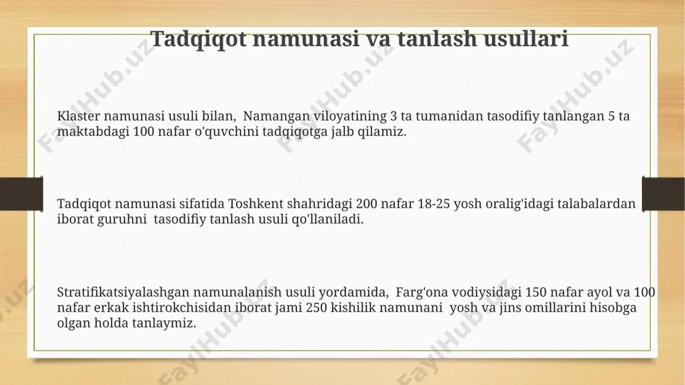 otlarni joriy etish taklifini keltirib chiqaradi. ishonchlilik va haqiqiylik 200 dan ortiq talaba ishtirok etgan samarqanddagi o‘rganishda, haqiqiylikni baholash uchun o‘lchovlarning boshqa validlangan o‘lchovlar bilan korrelyatsiyasi (masalan, dass-21 bilan) 0.6 dan yuqori bo‘lishini ta’minlashga e’tibor qaratildi. ishonchlilikni baholashda, masalan, stai (state-trait anxiety inventory) kabi standartlashtirilgan psixologik testlarni 800 dan ortiq ishtirokchi bo‘lgan toshkentdagi namunada qo‘llash orqali testning ichki izchilligini (cronbach alfa > 0.7) tekshirish mumkin. haqiqiylikni ta’minlash uchun, tadqiqotda 3 turdagi ma’lumotlar yig‘iladi: savollarnoma, klinik intervyu va fiziologik ko‘rsatkichlar (yurak urishi, terlash). ushbu usullar kombinatsiyasi natijalarni boyitadi va subyektivlikni kamaytiradi. etik jihatlar stress darajasi yuqori bo'lgan ishtirokchilar uchun qo'shimcha yordam, masalan, 24/7 ishlash imkoniyatiga ega telefon raqami yoki samarqanddagi psixologik yordam markazining manzili taqdim etilishi lozim. tadqiqot ishtirokchilarining xabardor roziligini olish, ularning shaxsiy ma’lumotlarini 1996-yilgi "shaxsiy ma'lumotlarni himoya qilish to'g'risida"gi o'zbekiston respublikasi qonuniga muvofiq ishonchli himoya qilishni ta’minlash juda muhimdir. anketa yoki intervyu savollari noaniqlik va noqulaylik tug'dirmasligi uchun ularni …