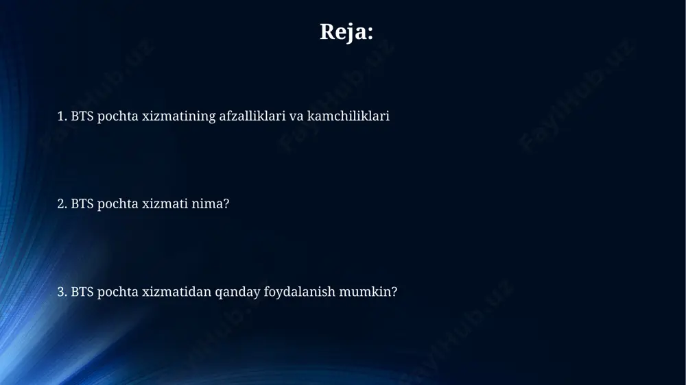 iq bo'lishi mumkin. kechikishlar kamdan-kam hollarda ro'y beradi. raqobatchilar tahlili tahlil jarayonida 2020-2023 yillar oralig'ida chiqarilgan albomlarning sotuvi va musiqiy chartlardagi o'rinlari raqobatdosh kompaniyalar bilan solishtirib tahlil qilinishi lozim. raqobatchilarning marketing strategiyalari, xususan, reklama byudjetlari va onlayn targ'ibot kampaniyalari hajmi (masalan, 5-10 million dollar) tahlil qilinib, btsning strategiyalariga taqqoslanishi kerak. qo'shimcha funksiyalar xabarlarni rejalashtirish funksiyasi yordamida siz xabarlaringizni oldindan belgilangan vaqtda avtomatik tarzda yuborishingiz mumkin, bu esa vaqtni tejashga imkon beradi. masalan, 5 ta xabarni bir vaqtning o'zida rejalashtirish mumkin. analitika vositalari orqali siz xabarlaringizning ochilish darajasi, kliklar soni kabi muhim ko'rsatkichlarni kuzatib borishingiz va 30 kunlik tarixni tahlil qilishingiz mumkin, bu marketing kampaniyalaringizni optimallashtirishga yordam beradi. mobil ilovalar mobil ilovalar orqali btsning yangiliklarini, fotosuratlarini va videolarini real vaqt rejimida 24/7 kuzatib borish mumkin. ilovalar ichidagi sovg'alar, o'yinlar va boshqa interaktiv funksiyalar foydalanuvchilarning jalb etilishini va faol ishtirokini ta'minlaydi. bts pochta xizmatidan foydalanish afzalliklari bts pochta xizmati turli xil vazn …