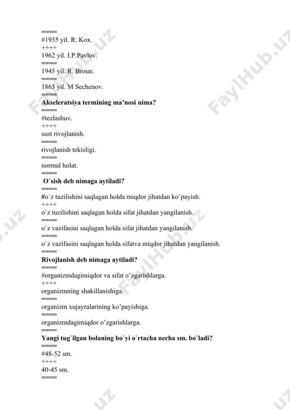 . ==== 11-20 yosh. ==== o`gil bolalarga hos bo`lgan navqironlik davrini belgilang? ==== #17-21 yosh. ++++ 15-18 yosh. ==== 20-30 yosh. ==== 12-20 yosh. ==== o’quvchilarni jismoniy rivojlanishini gigienik baxolashda samotometriya usulida nimalar aniqlaniladi? ==== # gavdaning uzunligi, vazni, ko’krak va bosh aylanasi. ++++ gavdaning uzunligi, muskul rivojlanganligi, oyoqlarning shakli, qad-qomatning shakli. ==== o’pkaning tiriklik sig’imi, nafas xarakatlarini soni. muskul kuchi. ==== arterial qon bosimi, pul’sometriya, dinamometriya. ==== nerv sistemаsi umumiy tаrzdа qаndаy qismlаrdаn tuzilgаn? ==== #mаrkаziy nerv sistemаsi (orqа miya, bosh miya) vа periferik nerv sistemаsidаn. ++++ markaziy nerv sistemasi, miyachа vа bosh miya kаttа yarimshаrlаridan. ==== simpаtik vа pаrаsimpаtik nerv sistemаlаridаn. ==== orqа miya vа periferik neyronlаr to’plаmidаn. ==== nerv tizimi joylashgan joyi va funksiyasiga qarab tizimlarga to’g’ri ajratilgan qatorni belgilang? ==== #markaziy, periferik, somatik, vegetativ. ++++ pereferik, somatik, neyron, akson. ==== markaziy, periferik, somatik, neyron. ==== markaziy, somatik, pereferik, neyron. ==== markaziy nerv sistemasiga miyaning qaysi qismlari …