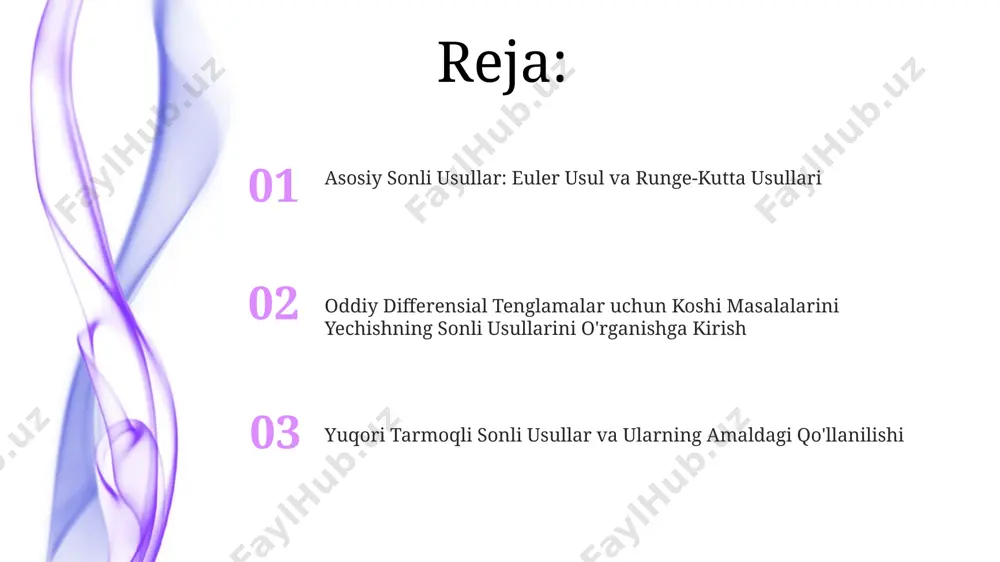 adi, bu esa 10-6 dan yuqori aniqlikka erishishga yordam beradi. eyler usullari eyler usullarining asosiy kamchiligi – kichik qadam uzunliklarida ham yuqori aniqlikka erishish uchun ko'plab iteratsiyalar talab qilinishi, hisoblash vaqtini oshiradi. eyler usullari birinchi tartibli differentsial tenglamalarni yechish uchun ishlatiladi va 1-tartibli yaqinlashuvni ta'minlaydi, bu esa katta qadam uzunliklarida aniqlikni pasaytirishi mumkin. oddiy differensial tenglamalar va koshi masalalari koshi masalasini yechish uchun runge-kutta metodlarining 4-tartibli formulasi, to'rtta bosqichdan foydalanib, yaxshi aniqlikni ta'minlaydi va hisoblash vaqti jihatidan maqbuldir. oddiy differensial tenglamalar (odt)ning koshi masalalari yechimlarining aniqligi, odatda, o'zgaruvchining qadam o'lchami h ning 2-tartibli aniqlikka ega bo'lgan metodlar bilan 10⁻⁴ ga yetkazilishi mumkin. xatolik tahlili va yaqinlashish yaqinlashish tezligi, odatda, h p tarzida ifodalanadi, bu yerda h – qadam uzunligi, p – yaqinlashish tartibi. yuqori tartibli usullar (kattaroq p) tezroq yaqinlashishni ta’minlaydi, lekin har bir qadam uchun ko‘proq hisoblashlar talab qiladi. global xatolikni baholash uchun, mahalliy xatolarni qadam soni bilan ko‘paytirib, …