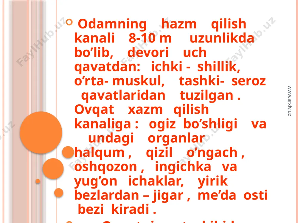 etadi. jigardan doimiy ravishda ovqatlangandan 20- 30 minutdan so’ng o’t ajralib chiqadi va 12 barmokli ichakka quyiladi. www.arxiv.uz o’t yo’g’larni emulsiyalaydi, suvda yaxshi erishni tezlashteradi, ovqat xazm qilish kanalini xarakatini yaxshilaydi, ichakdagi mikroblarni o’diradi. bolaning yoshi ortishi bilan jigarning xajmi og’irligi tuzilishi o’zgarib boradi. yangi tug’ilgan bola jigarning og’irligi 130 g., 2-3 yoshda 460 g., 6-7 yoshda 675 g., 8-9 yoshda 720 g, 12 yoshda 1130 g., 16 yoshda 1260 g. bolalar o’t kislotasining konsentrasiyasi va mikdori kam bo’ladi. www.arxiv.uz xazm kanalining xarakatlari. odam ovqatlangandan 15 minutdan so’ng ichak muskullari qisqarib , ichak harakatlari boshlaydi. u uch xil 1) peristaltik , 2) segmentli, 3) mayatniksimon xarakatlanadi. ichak xarakatlanganda ovqat massasi qorishadi, to’g’ri ichak tomonga xarakatlanadi . ichakning reflektor yo’lidan qisqarishi ichak devorini ximik va mexanik ta’sirlanishi tufayli vujudga keladi. ovqat bo’tqasi bolalarda ingichka ichakda jami 12-30 soat atrofida o’tadi. www.arxiv.uz so’rilish. ovqat moddalari ximik , mexanik ta’sirlar natijasida parchalanib, suvda …