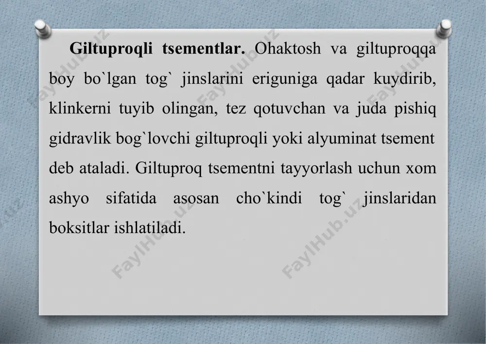 linadi. uning 28 kundan keyingi markasi 300 yoki 500 ga teng. o`zbekistonda tsement ishlab chiqarish sanoati bozor iqtisodi sharoiti respublikamizdagi barcha ishlab chiqarish sanoatining iqtisodiy jihatdan samarali bo`lishi uchun yangicha yondoshishni taqozo etmoqda. endilikda imkoniyat va bozor ehtiyojlarisiz korxonalar ishini zamon talabida boshqarish mumkin emas. respublikamiz tsement sanoati o`tgan davr mobaynida ma’lum bir yutuqlarga erishdi. tsement korxonalaridagi asbob-uskunalar texnik va ma’naviy jihatdan eskirib qolganligi tufayli jahon andozalariga javob beradigan yangi texnologiyalar keltirildi. 1995 yildan bortlab tsement zavodlari barqaror ishlay boshladi. tsement sifati jahon talablarini qondira boshladi. eksport oshdi. har yili 2 mln. tonnaga yaqin tsement eksport uchun mo`ljallanmoqda. tsementni kuydirmay olish texnologiyasi ma’lo`mki, tsement olish juda murakkab, katta miqdorda issiqlik energiyasi (1300–1450°s) talab etuvchi, shuningdek, katta kapital xarajatlar sarflanuvchi texnologiyadir. bu borada, og`ir sanoat chiqindilari asosidakuydirilmay olinadigan gidravlik bog`lovchilar texnologiyasining soddaligi, juda arzon, ekologik muammolarni hal etishda katta ahamiyatga egaligi bilan ajralib turadi. ularning tarkibida tuyilgan toshqol, qo`shilma va natriy …