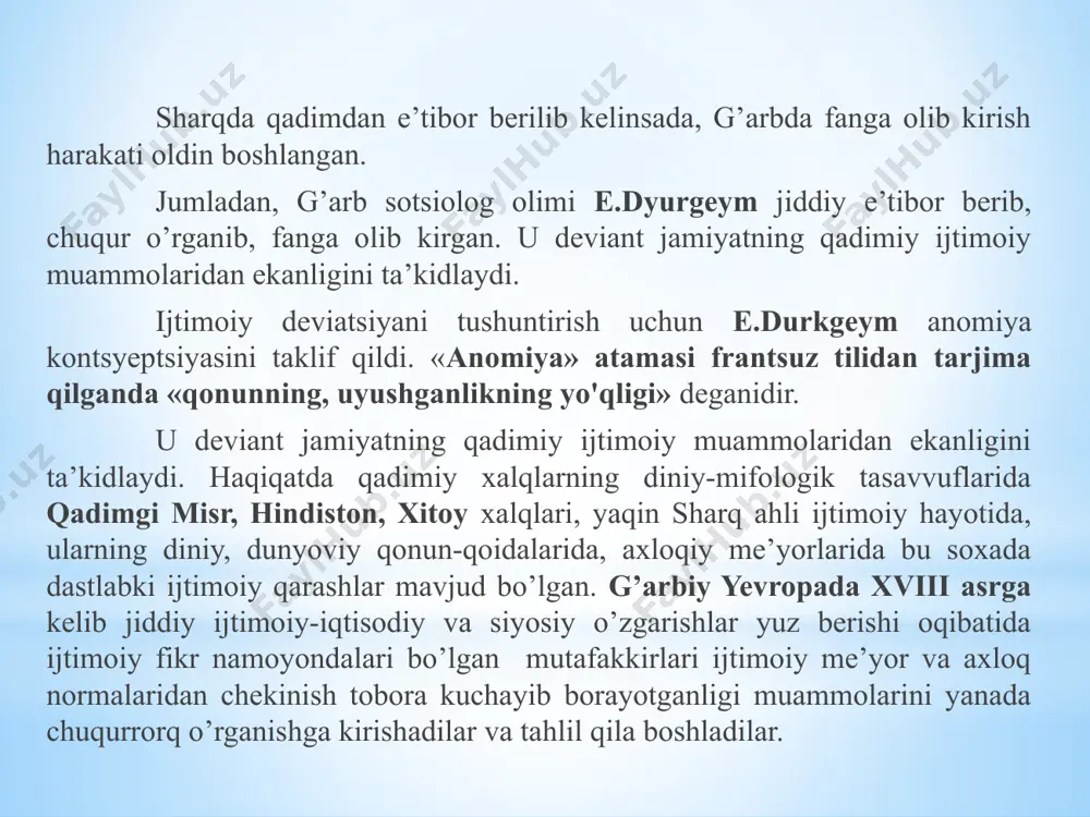 di xulq-atvorning salbiy og'ishi deviant xulq - bu shaxsning eng muhim ijtimoiy me'yorlardan chetga chiqqan, jamiyatga yoki shaxsning o'ziga real zarar etkazadigan, shuningdek, uning ijtimoiy-psixologik disadapatsiyasi bilan kechadigan doimiy xatti-harakati. salbiy og'ishlar ikki turga bo'linadi: boshqalarga zarar etkazishga qaratilgan og'ishlar (turli tajovuzkor, noqonuniy, jinoiy harakatlar); shaxsga zarar etkazadigan og'ishlar (alkogolizm, o'z joniga qasd qilish, giyohvandlik va boshqalar). deviant xulq-atvor insonning ma'lum bir ijtimoiy muhitda, jamoada yoki ijtimoiy muhitda jismoniy yoki ijtimoiy omon qolishiga real tahdiddir. ijobiy og'ish o'zini qurbon qilish super mashaqqatli ish qahramonlik iste'dod va boshqalar. xulq-atvorning salbiy og'ishi deviant xulq - bu shaxsning eng muhim ijtimoiy me'yorlardan chetga chiqqan, jamiyatga yoki shaxsning o'ziga real zarar etkazadigan, shuningdek, uning ijtimoiy-psixologik disadapatsiyasi bilan kechadigan doimiy xatti-harakati. jinoyat mastlik va alkogolizm giyohvandlik fohishalik va boshqalar. mertonning deviant xulq-atvori tipologiyasi mertonning deviant xulq-atvor tipologiyasi madaniy maqsadlar va ularga erishishning ijtimoiy tomondan tasdiqlangan usullari o’rtasidagi deviant g’oyasiga asoslanadi. shunga ko’ra, u to’rtta mumkin …