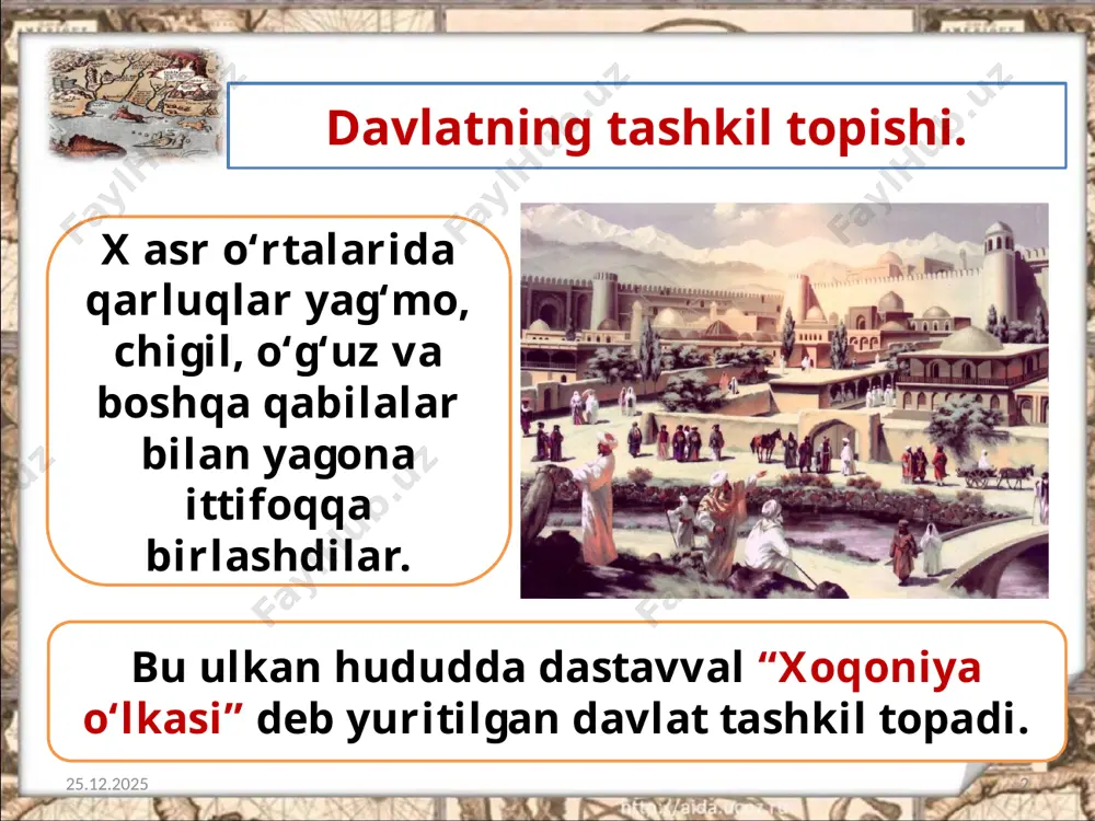 (yoki tegin)lar boshqarardilar. qishloq xo‘jaligidagi ahvol. 15.10.2019 13 qoraxoniylarning tazyiqi oqibatida mulkdor dehqonlar jon saqlash maqsadida o‘z yerlarini tashlab ketishga majbur bo‘ladilar. qoraxitoylar hujumi. 15.10.2019 14 qoraxitoylar hukmdori go‘rxon bolasog‘un shahrini qoraxitoylar davlatining poytaxtiga aylantirgan. 1141-yilda bo‘lib o‘tgan jangda qoraxitoylar g‘alaba qozonadi. oqibatda qoraxoniylar davlati tugatiladi. savol va topshiriqlar: 1. qoraxoniylar davlati qanday tashkil topdi? 2. qoraxoniylar movarounnahrga necha bor hujum qilgan? ularning natijalari qanday yakun topdi? 3. qoraxoniylar davlatining ikkiga bo‘linishi qanday yuz berdi? 4. qoraxoniylarda davlat boshqaruvi avvalgi davlat boshqaruvlaridan qaysi jihati bilan farq qiladi? 5. “dehqon” degan tushuncha nima uchun o‘zining oldingi ma’nosini yo‘qotdi? 15.10.2019 15 image2.jpeg image3.jpeg image4.jpeg image5.jpeg image6.jpeg image7.jpeg image8.jpeg image9.jpeg image10.jpeg image11.jpg image12.jpeg image13.jpeg image14.png image15.jpeg image1.jpeg