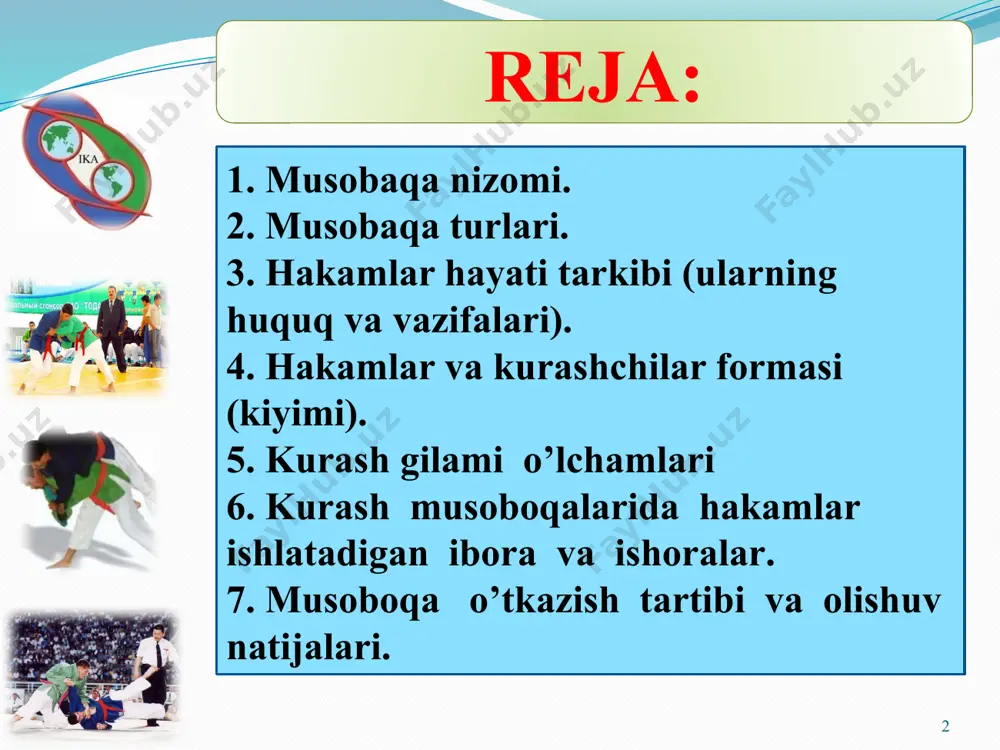 ilam birinchiligi. musobaqa turlari obrazets teksta vtoroy uroven tretiy uroven chetvertiy uroven pyatiy uroven 5 6 har bir musobaqani o’tkazishdan oldin shu musobaqani o'z hududida tashkil qilayotgan davlat musobaqada xizmat qiladigan hakamlar ro'yxatini musobaqa miqiyosiga qarab tuzadi va kurash federatsiyasiga taqdim qiladi. kurash federatsiyasi tomonidan tasdiqlangan hakamlar ana shu musobaqada xizmat qilishga haqlidirlar. har bir halqaro turnir, qit'alar chempionati va birinchiligi, jahon chempionati va birinchiligida faqatgina kurash halqaro assotsiatsiyasi tomonidan tasdiqlangan va maxsus sertifikatga ega bo’lgan hakamlar faoliyat ko'rsatadi. obrazets teksta vtoroy uroven tretiy uroven chetvertiy uroven pyatiy uroven hakamlar hay'ati tarkibi, ularning huquq va burchlari: 7 obrazets teksta vtoroy uroven tretiy uroven chetvertiy uroven pyatiy uroven 7 a. bosh hakam; b. bosh hakam yordamchilari, ularning soni, musobaqalar o'tkaziladigan gilamlar sonidan bir kishiga ko'p boiishi lozim; c. musobaqaning tibbiy hodimi (shifokor) i d e f bosh kotib va gilamlar kotiblari; gilamdagi hakamlar va yon hakamlar; vaqtni nazorat qiluvchi hakam; tablodagi …
