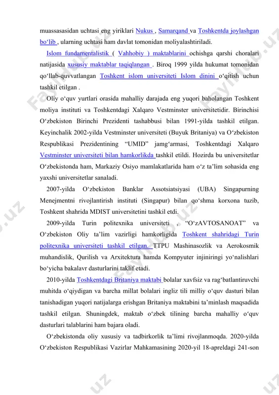 6,3 foizigacha kamaydi . 2006 yilda ta'limning byudjetdagi ulushi 8,1 foizgacha oshdi. byudjet yordamining etishmasligi boshlang'ich va o'rta bosqichlarda ko'proq sezildi, chunki hukumat universitet talabalarini subsidiyalashni davom ettirdi. 1992 va 2001 yillar oralig'ida universitetga qatnashish kollej yoshidagi aholining 19 foizidan 6,4 foizgacha kamaydi. oʻzbekistondagi 63 ta oliy taʼlim muassasasidan uchtasi eng yiriklari nukus , samarqand va toshkentda joylashgan boʻlib , ularning uchtasi ham davlat tomonidan moliyalashtiriladi. islom fundamentalistik ( vahhobiy ) maktablarini ochishga qarshi choralari natijasida xususiy maktablar taqiqlangan . biroq 1999 yilda hukumat tomonidan qoʻllab-quvvatlangan toshkent islom universiteti hyperlink "https://en.wikipedia.org/wiki/islam" \o "islam" islom dinini oʻqitish uchun tashkil etilgan . oliy o‘quv yurtlari orasida mahalliy darajada eng yuqori baholangan toshkent moliya instituti va toshkentdagi xalqaro vestminster universitetidir. birinchisi oʻzbekiston birinchi prezidenti tashabbusi bilan 1991-yilda tashkil etilgan. keyinchalik 2002-yilda vestminster universiteti (buyuk britaniya) va oʻzbekiston respublikasi prezidentining “umid” jamgʻarmasi, toshkentdagi xalqaro vestminster universiteti bilan hamkorlikda tashkil etildi. hozirda bu universitetlar oʻzbekistonda …