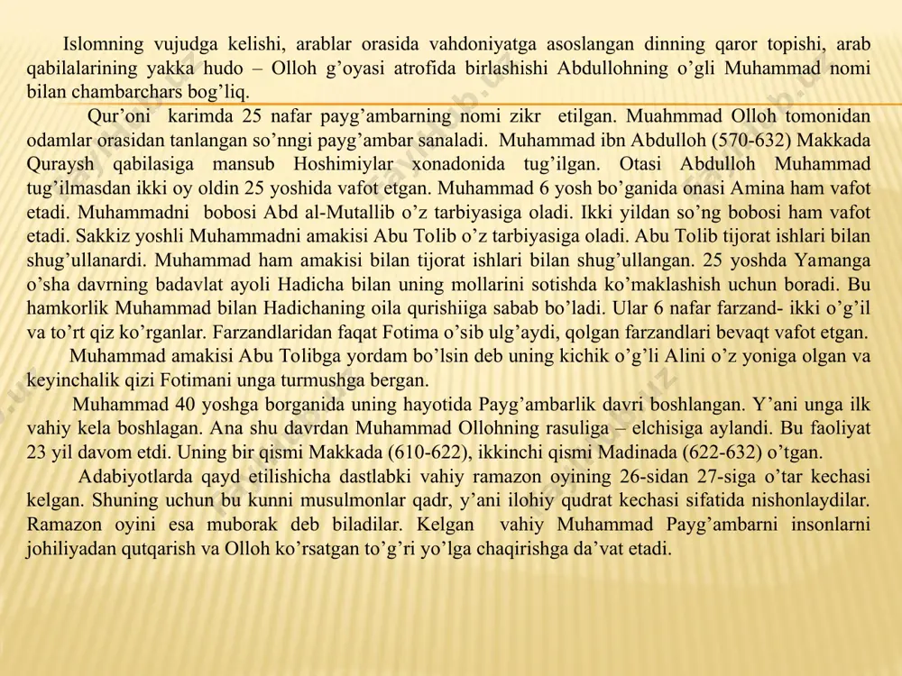 va harbiy hokimiyat butunlay muhammad payg’ambar qo’liga o’tdi. madina atrofidagi barcha arab qabilalari bo’ysundirildi. ayni vaqtda madina va makka o’rtasida boshlangan kurash 8 yil davom etdi va badr, uhud, handoq kabi janglar bo’lib o’tdi. nihoyat makka zodogonlari 628 yilda muhammad(s.a.v.) bilan kelishishga majbur bo’ldilar. 630 yilda musulmonlar qushini hech qanday qarshiliksiz makkaga kirib bordi. makka aholisi yoppasiga islom dinini qabul qildi va muhammadni ollohning elchisi deb e’tirof etdi. ana shundan boshlab makka islom dini markaziga, ka’ba musulmonlarning muqaddas ziyoratgohiga aylangan. 632 yilda muhammad oila a’zolari bilan birga ka’baga birinchi marta haj ziyoratiga keldi. mazkur haj tarixda “vidolashuv haji” deb yuritilib, muhammad hajga to’plangan 124 ming musulmonga harata tuya ustida o’tirib nutq so’zlangan. bu nutq tarihda – “vidolashuv hutbasi” deb yuritilib, u nafaqat yig’ilgan musulmonlarga, balki butun insoniyatga haratilganligi va insoniyat tarihida eng buyuk inqilib yasaganligi bilan ajralib turadi. vidolashuv hutbasi jaholiyat davrining butun hurofatlarini, butun yomonliklarini, qon da’volarini, sudho’rlikni, qimor,fohishalikni, …