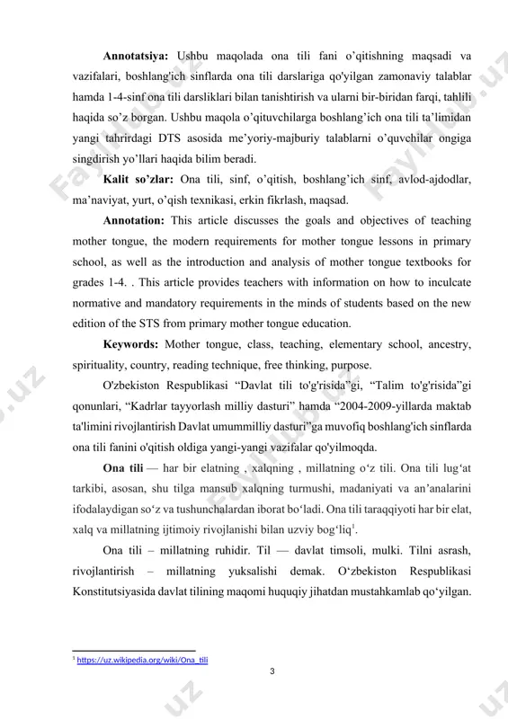 ona tili – millatning ruhidir. til — davlat timsoli, mulki. tilni asrash, rivojlantirish – millatning yuksalishi demak. o‘zbekiston respublikasi konstitutsiyasida davlat tilining maqomi huquqiy jihatdan mustahkamlab qo‘yilgan. shu tariqa o‘zbek tili mustaqil davlatimizning bayrog‘i, gerbi, madhiyasi qatorida turadigan, qonun yo‘li bilan himoya qilinadigan muqaddas davlat ramziga aylandi[footnoteref:2]. [2: https://kun.uz/uz/35715601] ona tili fanini o'qitishning bosh maqsadi yoshlarimizning ijodiy- mustaqil, o'z fikrini erkin va ta'sirli, mazmunli va mantiqli qilib yozma va og'zaki shaklda ifodalashga, o'zbek tili qonun- qoidalarini ongli o'zlashtirishga o'rgatish, shuningdek, ularning fikr doiralarini kengaytirishga, ona yurtimizga, avlod-ajdodlarimiz qoldirgan boy ma'naviyatimizga, milliy urf-odatlarimizga mehr-muhabbat ruhida tarbiyalashga qaratilgan. boshlang'ich ta'lim bosqichida yangi tahrirdagi dts lari asosida o'quvchilarni ona tili ta'limi sohasi bo'yicha tayyorgarlik darajasiga qo'yilgan talablar standart me'zon orqali aks ettiriladi: o'qish texnikasi 1. o'zgalar fikrini va matn mazmunini anglash 2. fikrni yozma shaklda bayon etish malakasi. o'quvchilar shu parametrlar asosida bilim, ko'nikma va malakalarga ega bo'lishi kerak. ana shu maqsadlardan kelib …