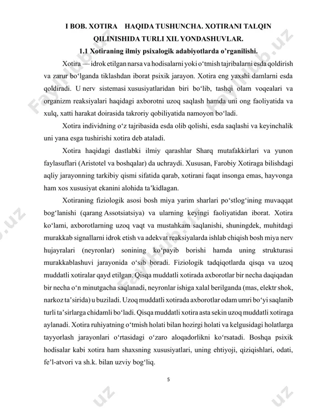 . boshqa psixik hodisalar kabi xotira ham shaxsning xususiyatlari, uning ehtiyoji, qiziqishlari, odati, feʼl-atvori va sh.k. bilan uzviy bogʻliq. xotira namoyon boʻlishdagi shakliga koʻra, shartli ravishda emotsional xotira (his-tuygʻuni esda tutish), obraz xotirasi (narsalarning tasviri va xususiyatlarini esda tutish), soʻz-mantiq xotirasi (narsalarning mohiyati, mazmunini soʻz bilan ifodalangan holda esda tutish) kabi turlarga boʻlinadi. bulardan insonda soʻz-mantiq xotirasi yetakchi oʻrin tutadi. xotiraning barcha turi bir-birlari bilan chambarchas bogʻliq holda kechadi. psixologiyada, shuningdek, ixtiyoriy va ixtiyorsiz xotiralar farq qilinadi. ixtiyoriy xotirada muayyan materialni esda olib qolish oldindan maqsad qilib qoʻyiladi; ixtiyorsiz xotirada bunday maqsad boʻlmaydi — biror faoliyatda (mas, mehnat jarayonida yoki kim bilandir suhbatlashib turilganda) oʻz-oʻzidan esda saqlab qolinadi. barqarorligi jihatdan ixtiyoriy xotira ixtiyorsiz xotiradan samaraliroq. fanda xotira bilan bogʻliq ravishda unutish masalasini oʻrganishga ahamiyat berilmoqda. „normal“ unutishni psixik kasalliklardagi xotira buzilishidan farq qilmoq kerak. bu kasalliklarda xotira susayishi (gipomneziya), yoʻqolishi (amneziya) yoki bir tomonlama kuchayishi (gipermneziya) kuzatiladi. baʼzi kasalliklarda u …