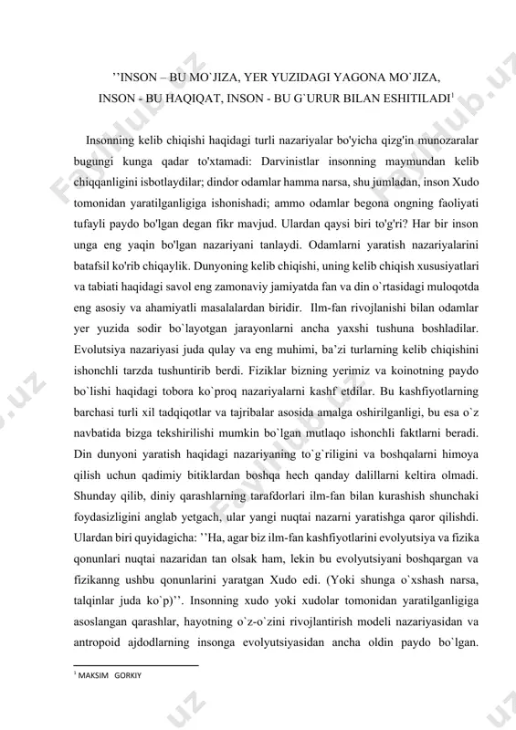 ishdi. ulardan biri quyidagicha: ’’ha, agar biz ilm-fan kashfiyotlarini evolyutsiya va fizika qonunlari nuqtai nazaridan tan olsak ham, lekin bu evolyutsiyani boshqargan va fizikanng ushbu qonunlarini yaratgan xudo edi. (yoki shunga o`xshash narsa, talqinlar juda ko`p)’’. insonning xudo yoki xudolar tomonidan yaratilganligiga asoslangan qarashlar, hayotning o`z-o`zini rivojlantirish modeli nazariyasidan va antropoid ajdodlarning insonga evolyutsiyasidan ancha oldin paydo bo`lgan. qadimgi antik davrning turli falsafiy, ilohiy ta’limotlarida insonni yaratgan harakat turli xudolarga tegishli edi. ushbu nazariya insonni xudo, xudo yoki ilohiy kuchni hech narsadan yoki biologik bo`lmagan materialllardan yaratgan deb da’vo qiladi. eng mashhur bibliya versiyasiga ko`ra, xudo yeti kun ichida dunyoni yaratdi va birinchi odam-odam va havva-loydan yaratildi. ushbu nashrda qadimgi misr ildizlari va boshqa millatlarning afsonalariga o`xshashliklar mavjud. hayvonlarni odamlarga aylantirish va xudolarning dastlabki insonlarning tug`ilishi haqidagi afsonalar ham yaratilish nazariyasining xilma-xilligi deb hisoblanishi mumkin. albatta, bu nazariyaning eng jo`shqin izdoshlari diniy jamoalardir. qadimgi muqaddas matnlarga (muqaddas kitob, qur’on va …