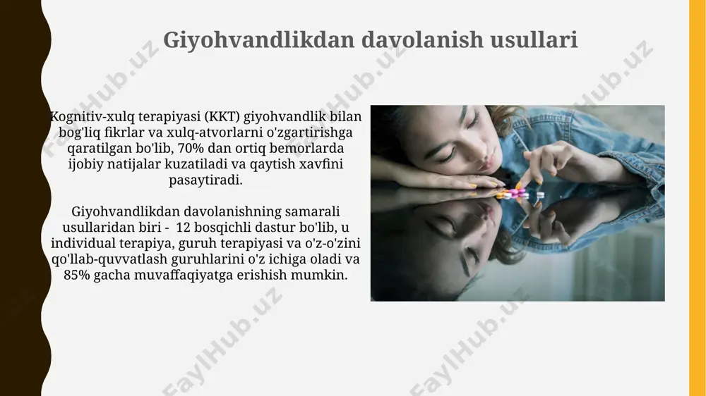 kelishi mumkin. davlatning roli giyohvandlikka qarshi milliy strategiyaga muvofiq, davlat tomonidan 10 ta yangi reabilitatsiya markazi ochilishi va 500 dan ortiq mutaxassis tayyorlanishi rejalashtirilgan, bu davolanishga muhtoj shaxslarga yordam beradi. davlat giyohvand moddalarga qarshi kurash dasturlarini moliyalashtirishga yiliga oʻrtacha 50 million aqsh dollarini ajratadi, bu profilaktika va davolash xizmatlarini kengaytirishga qaratilgan. giyohvandlikning oilaga ta'siri giyohvandlikka bog'liqlik oila byudjetining 70% gacha kamayishiga, moddiy qiyinchiliklarga va oilaning ijtimoiy mavqei pasayishiga olib kelishi mumkin. oila a'zolarining 30% dan ortig'i giyohvandning tajovuzkorligi, befarqligi va ruhiy tushkunligidan aziyat chekadi, bu esa oilaviy munosabatlarning buzilishiga olib keladi. giyohvandlikning ruhiy ta'siri giyohvand moddalarni muntazam iste'mol qilish miyaning prefrontal korteksini, qaror qabul qilish va o'z-o'zini boshqarish uchun mas'ul bo'lgan sohani, shikastlaydi, natijada impulsivlik va xulq-atvor buzilishlariga olib keladi. giyohvandlik miyani o'zgartiradi, dopamin kabi neyrotransmitterlar ishlab chiqarilishini 300% ga oshirib, qisqa muddatli zavq hissiyotini keltirib chiqaradi, ammo keyinchalik kuchli ruhiy tushkunlikka olib keladi. profilaktika choralari миллий даражадаги профилактика дастурларига …