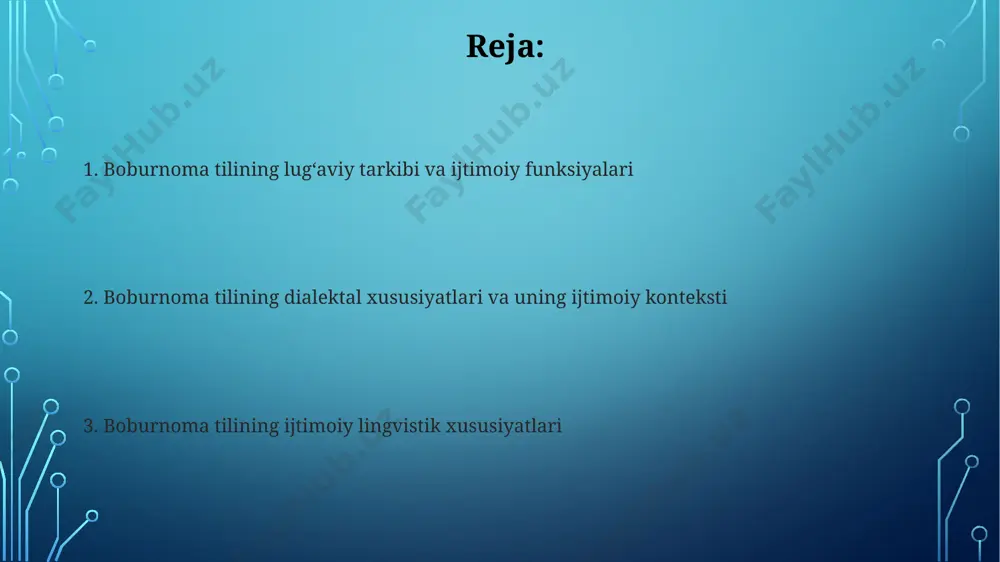 huni ko'rsatdiki, boburnoma tilida so'z boshida uchraydigan fonemalar soni so'z oxirida uchraydigan fonemalar sonidan ko'proqdir. leksika va semantik analiz boburnoma tilida 50 ta sinonimik qatorlar va ularning kontekstual farqlarini o'rganish, ma'noviy soyalarni aniqlash imkonini beradi. boburnoma tilidagi 200 ga yaqin fe'lning leksik-semantik tahlili, ularning argument tuzilishi va valentligiga asoslangan tasnifini ko'rsatadi. boburnoma tilining umumiy tavsifi boburnoma tilining sintaksisi sov (subjekt-obyekt-verb) tuzilishiga asoslangan boʻlib, jumla tuzilishida kamida 3 asosiy tarkibiy qism kuzatiladi. boburnoma tilining morfologiyasi agglutinativ xususiyatga ega boʻlib, soʻzlarga qoʻshimchalar orqali 15 dan ziyod grammatik maʼnolar qoʻshiladi. e'tiboringiz uchun rahmat @taqdimot_robot image3.jpg image4.jpg image5.jpg image6.jpg image7.jpg image8.jpg image9.jpg image2.png