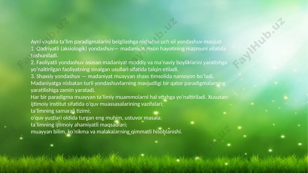 daniyati ijtimoiy qoidalari, talablari va ko’zlagan maqsadlariga mos keladigan moslashtiruvchi «xulqiy repertuar»ni shakllantirishdir. shu bilan bir vaqtda, «xulqi» atamasi bilan «insonga xos hamma ta`sirlanishlar — uning fikrlari, sezgi va harakatlari» ifodalanadi . 3.gumanistik (fenomenologik) paradigmaga ko’ra (a.maslou, a.kombs, k.rodjers, l.s.vigotskiy va boshqalar) ta’lim oluvchi erkin shaxs, ijtimoiy munosabatlar subyekti sifatida o’ziga xos rivojlanish imkoniyatlariga ega. ular bolani rivojlantirish maqsadida uni shaxslararo munosabatlar jarayoniga yo’naltiradi. ta’limning fenomenologik (fenomen yunoncha «phainomenon» — hisoblangan, ya’ni, mashhur, alohida nodir odam) modeli o’quvchilarning individual-psixologik xususiyatlarini hisobga olib, ularning talab va qiziqishlariga hurmat bilan munosabatda bo’lishni ko’zda tutadi. uning vakillari o’quvchini nodir shaxs deb hisoblaydilar. gumanistik paradigma doirasida faoliyat olib boruvchi har bir ta’lim tizimi ijodiy rivojlanadi va o’quvchi hamda o’qituvchining erkinligi va ijodkorligini yoqlaydi. ilmiy-texnik, texnokratik paradigmaning asosiy maqsadi amaliyotni takomillashtirish asosida ta’lim oluvchilarga «aniq» ilmiy bilimlarni berish va ularning o’zlashtirilishini ta’minlashdir. bilim kuchdir, shu bois shaxs qimmati uning o’rganish, bilim olish, imkoniyatlari bilan belgilanadi. …