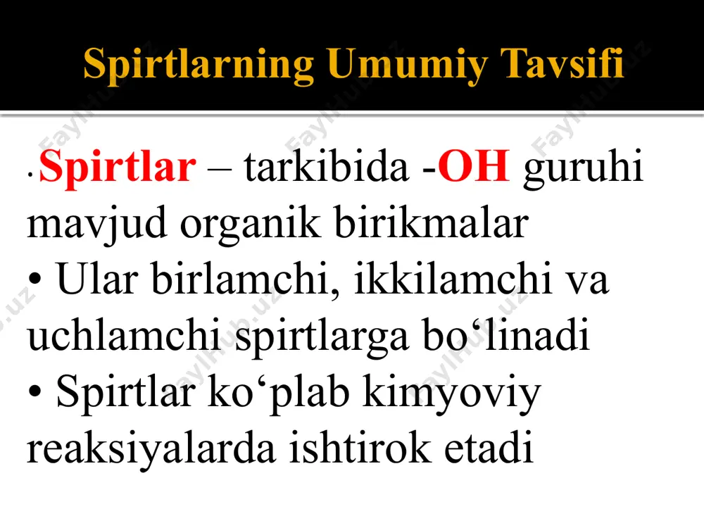 vtikada ishlatiladi. - kumush oynacha reaksiyasi organik sintezda qo‘llanadi. xulosa spirtlar va aldegidlar kimyoviy jihatdan faol birikmalar bo‘lib, ularning reaksiyalari laboratoriyada keng qo‘llaniladi. ushbu reaksiyalar hayotimizda ham katta ahamiyatga ega. /docprops/thumbnail.jpeg