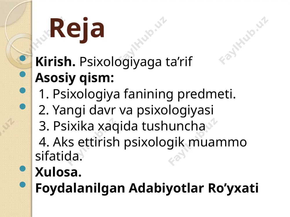 tamondan oson xam, oxirgi jixati xusisida shuni aytish mumkinki, bu xodisalar bevosita bizning o’zimizga berilgan, ularni uzoqdan qidirish, mavxum analogiyalar qilish shart emas, boshka bir tamondan, ular o’zaro bir birlari bilan bog’lik va umumiy qonuniyatlar va printsiplarga bo’ysunadi. psixologiyaning predmeti konkret shaxs, uning jamiyatdagi xulq atvori va turli faoliyatlarining uziga xos tamonlaridir, deb ta`riflash mumkin. psixologiya konkert fan sifatida psixik faoliyat qonuniyatlarini, uning ruy berishi mexanizmlari va omillarini urganuvchi fandir. psixologiya yaxlit va mustakil fan sifatida odamlarda gumanistik meitalitetning shakllanishiga xizmat qilib, inson omiliga aloqadorligi uning shu yunalishdagi muammolarni ma`lum ma`noda urganadigan barcha fanlar bilan bevosita aloqasini takoza etadi. yangi davr va psixologiya. psixologiya soxasida mukammal darsliklar yozila boshlangan davrga sal kam 160 yil bo’ldi. shu davr ichida juda ko’plab ilmiy tadqiqot natijalarini o’z ichiga olgan monografiyalar, darsliklar, kullanmalar yozildi. xx asr va uning erishilgan yutuklaridan eng muximi shu bo’ldiki, texnika, elektronika va boshka shunga o’xshash murakkab texnologiyalarni yaratgan inson …