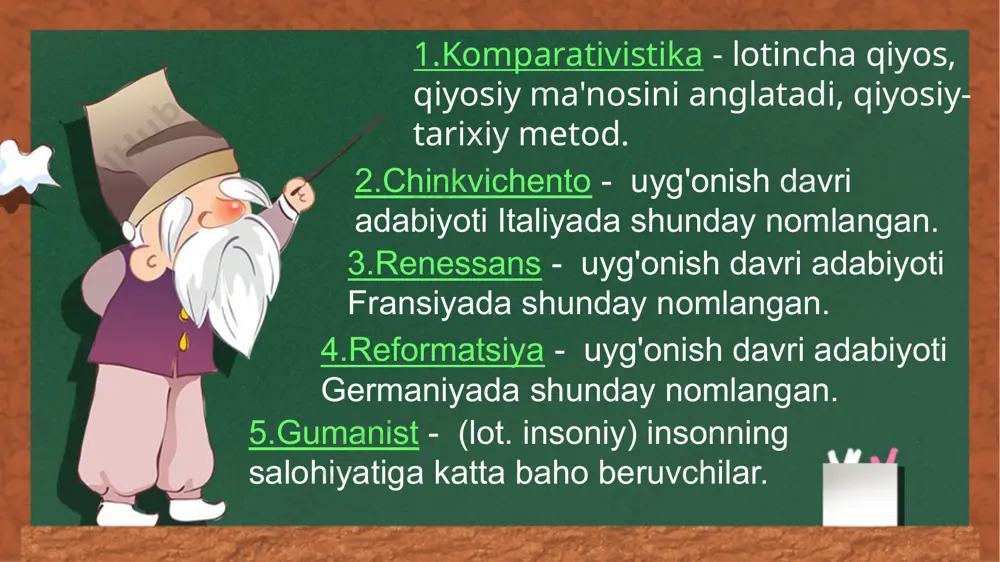 ulminatsiya 61. adabiy jarayon 62. komsept 63. abadiy mavzular 64. badiiy-estetik 65. adekvatlik 66. tipologiya 67. mushtarak 68. psixologizm 69. imologiya 70. adabiy arxetip 71. paratekst 72. metatekst 73. sayyor syujetlar 74. badiiy tahlil 75. adabiy qalloblik 76. qiyosiy tipologiya 77. semiotika 78. imagologiya 79. svilizatsiya 80. sayyor arxitept 81. aksiomatik 82. transformatsiya 83. multikulturalizm 84. pragmatik 85. referensional 86. modellashtitish 87. adekvat 88. adabiy ta'sir 89. statistika 90. somvolizm 91. impressionizm 92. akmeizm 93. klassitsizm 94. katarsis 95. sentimentalizm 96. sinkretizm 97. realizm (lot. haqiqiy) - voqelikni, hayotni to'laligicha haqqoniy aks ettirish usuli. 98. romantizm - ideal qahramonlar va tuyg'ularni tasvirlovchi yo'nalish, oqim. 99. modernizm (italian. zamonaviy) - realzimga qarshi bo'lgan, an'anaviy shakllar va estetikani inkor qiluvchi oqimlarning umumiy nomi. 100.komparativist - qiyosiy-tarixiy metod tadqiqotchisi e'tiboringiz uchun rahmat! image1.jpeg image2.jpeg
