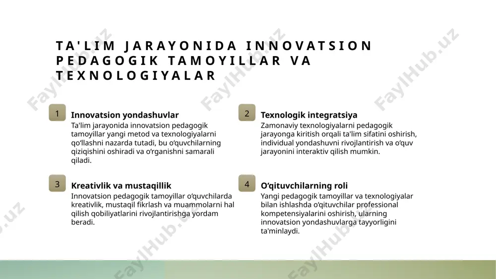 iy tajriba va vizualizatsiya imkoniyatlarini oshiradi, ta'limda ko‘nikma va tushunishni mustahkamlashga yordam beradi. 4 sun'iy intellekt va mashina o‘rganish - bu texnologiyalar shaxsiylashtirilgan ta'limni rivojlantiradi, o‘quvchilarning ehtiyojlariga mos keladigan o‘quv materiallari va izohlash imkonini beradi. raqamli vositalar yordamida o‘quvchilarning muammolarini hal etish usullari. 1 interaktiv vositalar raqamli platformalar va ilovalar yordamida o‘quvchilar muammolarini aniqlash va hal qilishda interaktivlikni oshiradi, shuningdek, shaxsiylashtirilgan yondashuvlarni ta'minlaydi. 2 ma'lumotlarni tahlil qilish raqamli vositalar yordamida o‘quvchilarning o‘rganish jarayonidagi muammolari statistik tahlil qilinadi, bu esa individual ehtiyojlarga mos yechimlar ishlab chiqishga yordam beradi. 3 onlayn hamkorlik virtual muhitda o‘qituvchilar va o‘quvchilar o‘rtasida hamkorlikni rivojlantirib, muammolarni tez va samarali hal qilish imkoniyatlarini kengaytiradi. mobil ilovalar va platformalar orqali ta'limni interaktiv qilish. interaktiv platformalar mobil ilovalar imkoniyatlari ta'limda innovatsiyalar mobil ilovalar va platformalar yordamida o‘quvchilar bilan o‘zaro aloqani kuchaytirish mumkin. bu usul ta'lim jarayonini yanada qiziqarli va samarali qiladi. mobil ilovalar orqali o‘quv materiallarini shaxsiylashtirish, testlar va mashqlar …