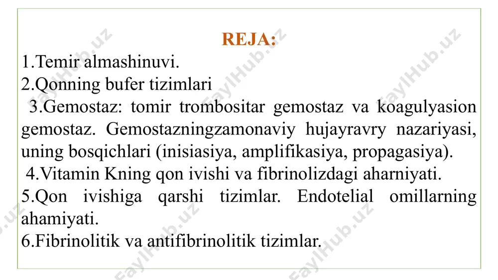 hidir. ichakdan temir, maxsus transferringa o‘xshab ketadigan oqsil ishtirokida qonga so‘riladi. temir oqsillar bilan birikkanda uch valentlik holatda bo‘ladi, biroq bir oqsildan ikkinchi oqsilga o‘tganda fe+3 holatdan fe+2 holatga va yana fe+3 ga aylanib turadi. temir yetishmaganda anemiya kasalligi kelib chiqadi. transferrinning strukturasi transferrin bir sutka davomida organizmdagi eritrotsitlarning taxminan 1% (20 25ml) parchalanishi natijasida ajralib chiqadigan (taxminan 20-25 mg) temirni organizm qayta o‘zlashtiradi. ammo har kuni organizmdan 1 mg atrofida temir o‘t yo‘llari, buyrak orqali yo‘qotilib turadi. yo‘qotilgan temir ovqat tarkibida tushgan temir hisobiga to‘ldirib turiladi. lekin ichakda temirning so‘rilishi cheklangan bo‘lib, ovqat tarkibida tushgan 15-20 mg temirning 1 mg (taxminan 5%) so‘riladi xolos. hayz orqali ayollar qon yo‘qotib turgani tufayli, ularning temirga ehtiyoji 1,5-2 marta ko‘proq bo‘ladi. uzoq vaqt va tez-tez qon yo‘qotish, tez-tez homiladorlik va bola tug‘ish, hazm yo‘llarida temir so‘rilishining buzilishi oqibatida temir yetishmovchiligi bilan bog‘liq gipoxrom anemiyalar kuzatiladi. bunday kasalliklarni davolashda temir moddasiga boy bo‘lgan …