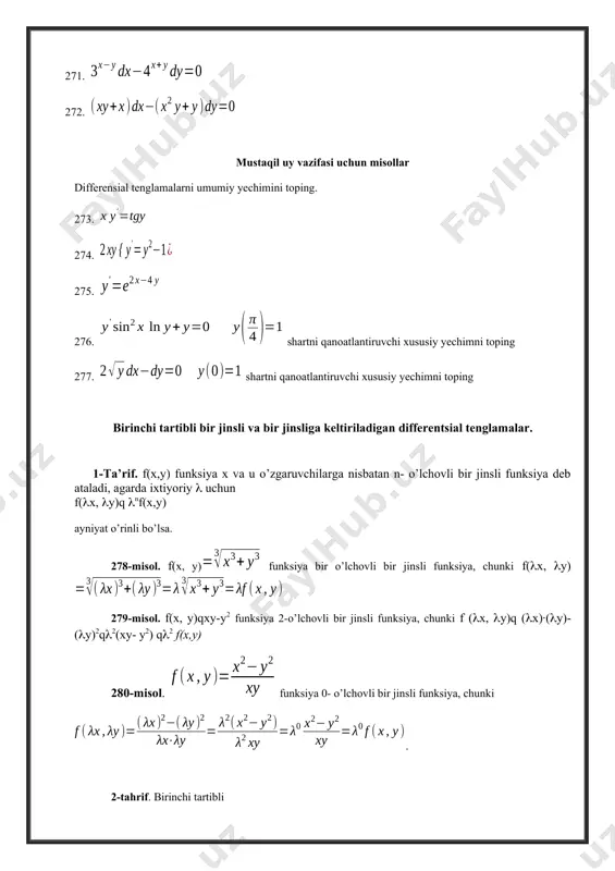 ilamiz, hamda (9) va (10) ifodalarni (8) tenglamaga qo’yib, o’zgaruvchilari ajraladigan tenglamani hosil qilamiz. yuqorida (5) tenglamaga qo’llanilgan usulni tenglamaga ham qo’llash mumkin, bu yerda f qandaydir uzluksiz funksiya. 282-misol. tenglamani yeching. echish. tenglamani bir jinsli tenglamaga aylantirish uchun xqx1qh, yqy1qk almashtirishni bajaramiz. u holda tenglama ko’rinishni oladi. hqk-3q0, h-k-1q0 tenglamalar sistemasini yechib hq2, kq1 ekanligini topamiz. natijada bir jinsli tenglmani hosil qilamiz. almashtirishni bajarsak, u holda y1qux1, , bo’ladi va natijada o’zgaruvchilari ajraladigan tenglamaga ega bo’lamiz. o’zgaruvchilarni ajratamiz: integrallab , yoki ekanligini topamiz.u o’rniga ifodani qo’yib, ekanligini, va nihoyat, x va u o’zgaruvchilarga o’tib natijani hosil qilamiz. 283-misol. tenglamani yeching. echish. tenglamani xqx1qh, yqy1qk almashtirish yordamida yechib bo’lmaydi, chunki bu holda h va k larni aniqlashga yordam beradigan sistema determinanti nolga teng. bu tenglamani 2xqyqz almashtirish yordamida o’zgaruvchilari ajraladigan differensial tenglamaga keltirish mumkin, haqiqatan, y`qz`-2 bo’lgani uchun tenglama ko‘rinishga, yoki ko’rinishga keladi. tenglamani yechib munosabatni, z o’rniga 2xqy ni …