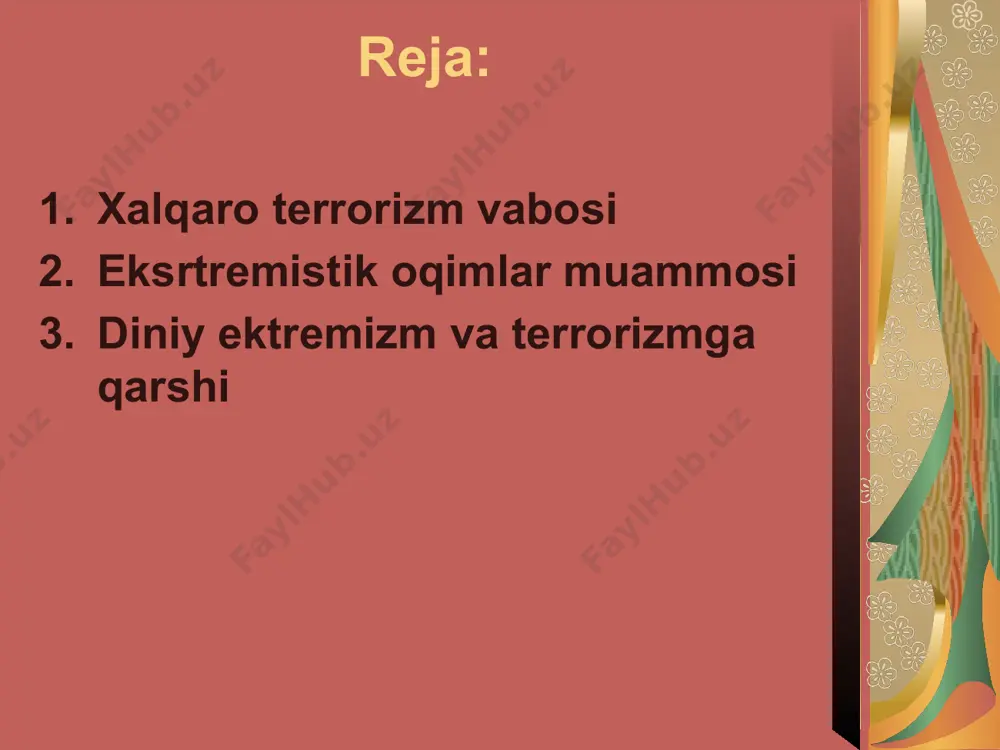 soniyalaridan xalqaro terrorizmning insoniyat va qolaversa, endigina mustaqillikni k´ëga kiritib demoqratik rivojlanish sari kadam k´égan millat va davlatlarning bugungi va kelajagi uchun nechoglik xavfli ekanligini chukur anglab yetdi. keyingi paytda diniy ekstremizmga tayanib ish yuritayotgan xalqaro terorizmga keskin zarba berish milliy xavfsizlik srategiyamizning ustuvor yo’nalishi sifatida xayot – momot manfatlari tizimidan aloxida o’rin egallaganligi xam davlatimizning bu umum planitar azmu - qarorda tutgan o’rnining o’ziga xosligining yakqol isboti bo’lib xizmat qiladi. prezident islom karimov o’zining 2000 yil 22 yanvarь kuni oliy majlisning ikknchi chaqiriq birinchi sessiyasida so’zlagan ma’ruzasida davlatimiz tashqi siyosati va xavfsizlik strategiyasining ustuvorliklarini ta’kidlar ekan, “bugungi kunda bizning barcha tashabbus va say-xarakatlarimiz mintaqalarimizga tajovuskorona xatti-xarakat, diniy esktiremizm, aqidaparastlik va xalqaro terorchiliqning yoyilish xafi kuchayib borayotganligini keng jamoatchiliqka tushuntirishga qaratilmoqda” degan jiddiy fikrni o’rtaga tashladi. xalqaro terorizmning tom ma’noda milliy mustaqillik, davlat suverenligi xamda xar bir mamlakatning, demokratik tarakqiyot yo’lidagi strategik maqsadlariga zid bo’lgan davrning eng salbiy fenomendaridan biri …