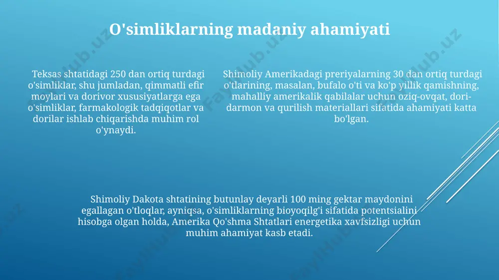 ing o'simliklari shimoliy amerika o'tloqlarida 300 dan ortiq o'simlik turi uchraydi, jumladan, buyuk tekisliklarda keng tarqalgan bug'doy o'tlari va kolorado shtatining tog'li hududlarida o'sadigan turli xil yovvoyi gullar mavjud. shimoliy dakota shtatining o'tloqlarida 10 ga yaqin turli xil shuvoq turlari, shuningdek, quyosh nuriga chidamli ko'plab o't va butalar mavjud bo'lib, ularning 20% dan ortig'i endemik hisoblanadi. shimoliy dakota shtatining o'tloqlarida 10 ga yaqin turli xil shuvoq turlari, shuningdek, quyosh nuriga chidamli ko'plab o't va butalar mavjud bo'lib, ularning 20% dan ortig'i endemik hisoblanadi. o'tloqlarning tahdidi va muhofazasi o'tloqlarning 25% dan ortig'i, ayniqsa g'arbiy aqshning buyuk tekisliklarida, haddan tashqari yaylov va yovvoyi o'tlarning ko'payishi tufayli tahdid ostida. montana shtatining o'tloqlarida joylashgan qimmatli o'simlik turlarini saqlab qolish uchun 2020 yildan beri 3 million dollardan ortiq mablag' ajratildi va 150 dan ortiq biolog mutaxassisi ishlaydi. shimoliy amerikadagi o'tloqlarning 10 dan ortiq endemik o'simlik turi yo'qolib ketish xavfi ostida bo'lib, ularning muhofazasi uchun 50 …