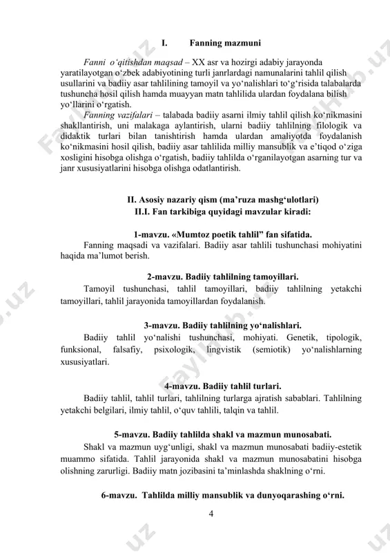 tn, adib, oʻqirman va tahlilchi munosabatlarining tabiati. tahlilda davr ruhi, tadqiqotchi shaxsi tutgan oʻrin. 6-semestr № mavzular soat 1 «mumtoz poetik tahlil” fan sifatida 2 2 badiiy tahlilning tamoyillari 2 3 badiiy tahlilning yo‘nalishlari 2 4 badiiy tahlil turlari 2 5 badiiy tahlilda shakl va mazmun munosabati 2 6 tahlilda milliy mansublik va dunyoqarashing o‘rni 2 7 tahlilda asarning tur xususiyatlarini hisobga olish 2 8 lirik asarlar tahlili 2 9 epik bitiklar tahlili 2 10 dramatik turdagi asarlar tahlili 2 11 modern asarlar tahlili 2 12 postmodern asarlarga yondashuv yo‘llari 2 13 folklor asarlarini tekshirish metodikasi 2 14 mumtoz bitiklarga yondashish yo‘llari 2 15 tahlilning ilmiy maktablari 2 bari 30 «mumtoz poetik tahlil” fani bo‘yicha amaliy mashg‘ulotlar rejasi 6-semestr № mavzular soat 1. 1. badiiy asar tahlilining yo‘nalish va tamoyillari 2 2. 2. xalq qo‘shiqlarini tahlil qilish 2 3. 3. “alpomish” dostoni tahlili 2 4. 8. modern asarlar tahlili (xurshid …