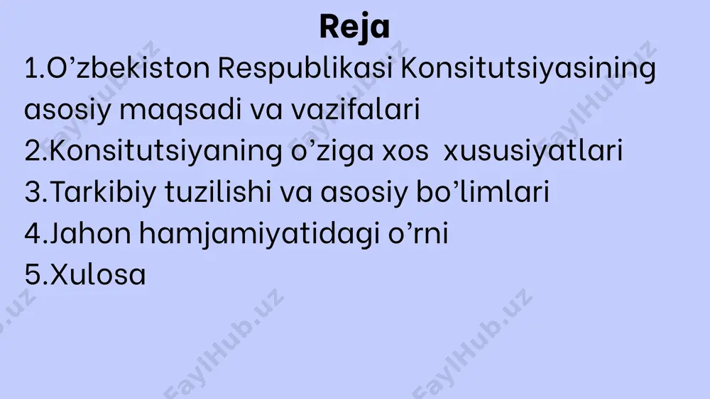 o‘zbekiston xalqining davlatni boshqarishdagi huquqi. huquqiy davlat: o‘zbekiston respublikasining huquqiy davlat sifatidagi pozitsiyasi. demokratiya: o‘zbekistonning demokratik jamiyatga asoslanganligini ta'kidlash. inson huquqlari: fuqarolarning asosiy huquqlarini himoya qilish. siyosiy erkinliklar: siyosiy partiyalarni tuzish, saylovlar, demokratik institutlarning roli. 3. ikkinchi bo‘lim: inson va fuqarolarning huquqlari va erkinliklari ushbu bo‘limda o‘zbekiston fuqarolarining asosiy huquqlari va erkinliklari yanada kengaytirilgan va mustahkamlangan. bo‘limda quyidagi masalalar yoritilgan: shaxsiy huquqlar: shaxsning erkinligi va xavfsizligi, shaxsga qarshi amalga oshirilgan zo‘ravonlikni ta'qiqlash. siyosiy huquqlar: saylovlarda qatnashish, siyosiy partiyalar tuzish, ommaviy ifodalar va fikr erkinligi. ijtimoiy huquqlar: ta'lim olish, sog‘liqni saqlash, ijtimoiy himoya va boshqa ijtimoiy xizmatlar. mehnat huquqlari: ish haqi, mehnat sharoitlari va mehnat bozoridagi tenglik. ekologik huquqlar: tabiatni himoya qilish, ekologik xavfsizlikni ta'minlash. ehtiyoj va imkoniyatlar tengligi: har bir fuqaroning teng imkoniyatlar va huquqlarni ta'minlash. 4. uchinchi bo‘lim: davlat tuzilishi bu bo‘limda o‘zbekistonning davlat tuzilishi va davlatning hududiy bo‘linishi belgilangan. shu jumladan: o‘zbekiston respublikasining tuzilishi: o‘zbekiston mustaqil, suveren va …