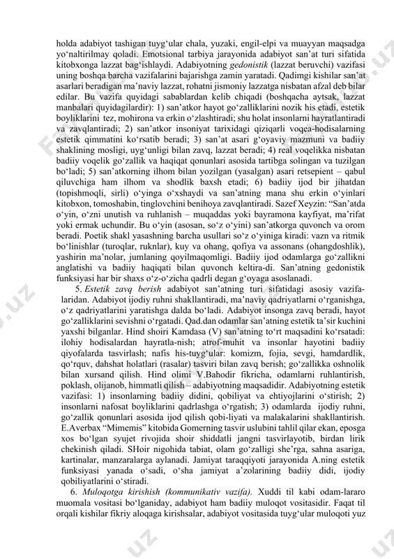 hayotni o‘z shaklida emas, balki badiiy vositalar orqali uning mohiyatini o‘rgatishga qaratilgandir. adabiyot davomiy-lik xarakterida bo‘lib, tarixiy jarayonning muayyan davr va ko‘rinishidagi holatini emas, balki jamiyat taraqqiyotidagi harakatini ko‘rsatadi. obraz va poetik vositalar ana o‘sha ko‘rsatish, anglatishga qaratilgan bo‘lishi kerak. shu ma’noda adabiyot aql o‘rgatmaydi, ayrim axloqsizliklarni man qilmaydi, balki shunday tuyg‘u va tasavvur uyg‘otadiki, nima qilish, qanday yashash kerakligini o‘quvchining o‘zi uqib, xulosalay olishi lozim. adabiyotning borliqqa chiqish shakli bu badiiy asardir. asar matniy ko‘rinishda bo‘ladimi, og‘zaki tarzda tarqaladimi yoki audiovizual yo‘llar b-n kishilar ongi va tuyg‘ulariga ta’sir ko‘rsatadimi u, avvalo, estetik hodisa sifatida go‘zallik tashuvchidir. go‘zal timsol va ezgu niyat qorishig‘ida yaratilmagan asar har qancha “aqlli" va ta’sirchan bo‘lsin u ezgulikka xizmat qila olmaydi. shuningdek, badiiy asarning yaratilishi ruhiy-amaliy jarayon bo‘lib, u o‘zgarishdagi dunyo va insonni anglashga yordam beradi. ijod jaryoni qonuniyatlarini umumlashtirgan holda a. ning bir necha vazifasi yuzaga chiqadi. adabiyotning vazifalari – adabiyot shakli, hajmi va …