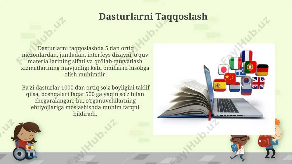 h uchun 1000 dan ortiq savol va topshiriqlar, shuningdek, individual yutuqlarni hisobga oluvchi progressiv ballar tizimi mavjud. dasturlarni tasniflash ba'zi dasturlar 1000 dan ortiq so'z va iboralarni o'z ichiga olgan keng qamrovli lug'atlarga ega bo'lib, foydalanuvchilarga interfaol mashqlar orqali ularni o'rganish imkoniyatini beradi. o'rgatish uslublariga ko'ra dasturlarni kompyuterga asoslangan o'qitish (cbt), simulyatsiya va o'yinlashtirish (gamification) kabi 3 ta asosiy guruhga ajratish mumkin. interfaol mashqlar va o'yinlar ushbu platformada foydalanuvchilarning o'zlashtirish darajasini kuzatish uchun 1000 dan ortiq savol va testlardan tashkil topgan baholovchi tizim mavjud. dastur, o'rtacha 20-30 daqiqalik darslarni o'z ichiga olgan holda, lug'at boyligini oshirishga va 5 ta til bilimini bir vaqtning o'zida rivojlantirishga yordam beradi. suhbat simulyatorlari dastur, foydalanuvchining javoblarini tahlil qilish orqali, 70% dan yuqori aniqlikda to'g'riligini aniqlaydi va individual o'rgatish rejasini tuzadi. "suhbat simulyatorlari" o'quvchilarga 50 dan ortiq turli xil mavzularda 2000 dan ziyod tayyor gaplarni taklif qiladi, shu bilan ularning nutq ko'nikmalarini rivojlantirishga yordam beradi. …