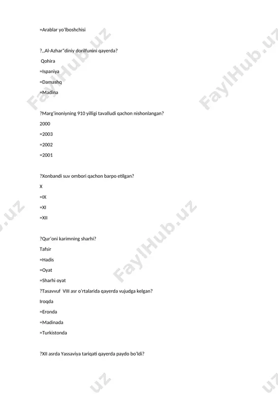 g`aboshi =xon yasovuli =muhtasib =shigdvui ?shariat qonunlar bajarilishi ustidan nazoratni amalga oshirgan. shayxulislom = eshikog'aboshi = xon yasovuli = shig'ovul ? xonga tegishli yilqi, ot-ulov va ularning ta'minoti bilan kim shug'ullangan? miroxur = qushchi = xon yasovuli = shig`ovul ?shayboniylar davrida xonning ovini tashkil etuvchi bu …. qushchi = xon yasovuli = miroxur = shig`ovul ?shayboniylar davrida qurol-aslaha xizmati boshlig'i bu …. qo'rchiboshi =qushchi = xon yasovuli = shig'ovul ?shayboniylar davrida davlat muassasalari, qo`shin va xon xonadoni xarajatlarini qoplash uchun to'lanadigan soliq nima deb atalgan? ixrojot = solgut = begor = targ'u ?usmonlilar movarounnahrdagi toju-taxt uchun kurashda kimni qo'llab-quvvatlab turgan edilar? navro'z ahmadxonni = abdulazizxonni = abdulmo'minxonni = pirmuhammadxonni ?buxoro xonligi, eron va hindiston yo'nalishida o'ziga xos darvoza vazifasini o'tar edi. xuroson =mesopotamiya =movarounnahr = sharqiy turkiston ?rossiyada qaysi podsho davrida qozon xonligi, hojitarxon xonligi bosib olingan edi? ivan grozniy = pyotr i =yekaterina 2 = mixail romanov ?qozon xonligi …