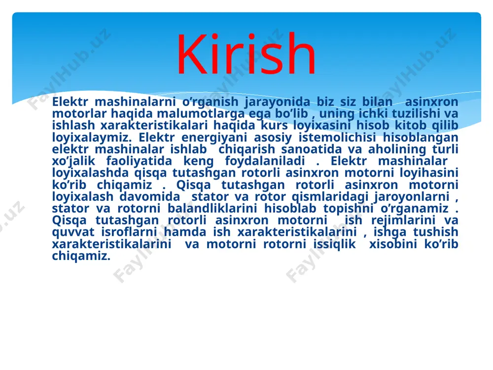 magnit induksiyani aniqlash tish bo’linmasining chegaraviy qiymatlarini 3-rasmdan va bo’lishi mumkin bo’lgan tishlar soni oralig’ini aniqladim: tz1max=13 mm va tz1min=11 mm. bu qiymatlar yordamida stator pazlarini aniqlab oldim z = 72 ta . bu punktida asosan pazdagi oʻramlar sonini w=156 , elektromagnit yuklama a=34,199* a/m , mashina hovo oraligʻini magnit oqimini =6,63* vb va magnit induksiyalarni =0.796 tl hisobladim . stator choʻlgʻamidagi tok zichligini j1=6,28*10⁶ a/m² . stator cho’lg’ami pazlari, o’ramlari soni va kesm yuzalarini tish qatlami va xavo oralig’i o’lchamlarini aniqlash 3-rasm . tish boʻlinmasining chegaraviy qiymatlari stator tishining kengligi bz1=5,01 mm , stator pazining balandligi hp=23,43mm va motorni statorini yuqori b1=8,28 mm va pastki tomoni uzunligi b2=6,78 mm , choʻlgʻam joylashdigan balandlik h1=20,89 mm va simlar joylashi uchun pazning koʻndalang kesim yuzasini s’p= 126,89mm² boʻldi. stator cho’lg’ami pazlari, o’ramlari soni va kesm yuzalarini tish qatlami va xavo oralig’i o’lchamlarini aniqlash 1.8-расм. р2n=12 квт, 2р=8, un=220/380b бœлган лойиќаланган моторнинг …