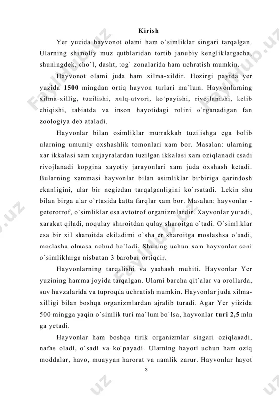 adigan joyning tuprog`i, namligi, harorati, yorug`ligi, o`simliklari, hayvonlari, ya`ni tirik va notirik tabiatning barcha tarkibiy qismlari yashash muhitini hosil qiladi. hayvonlarning tuzilishi, xatti-harakati va hayot kechirish xususiyatlari tashqi muhitning muayyan sharoitiga moslashgan. masalan, suvda hayot kechiruvchi sutemizuvchi hayvonlar tanasining suyri shaklda bo`lishi, oyoqlarining eshkakka aylanganligi, terisidagi yunglarning kalta va silliq bo`lishi bilan quruqlikda yashovchi hayvonlardan farq qiladi. hayvonlar sharoitning muayyan chegarada o`zgarishiga moslashgan holda yashaydi. masalan, oq ayiq shimoliy kengliklardagi qadimiy muzliklarda yashab, dengiz hayvonlarini ovlaydi; qo`ng`ir ayiq esa o`rta kengliklardagi o`rmonlarda yashab, asosan o`simliklar bilan oziqlanadi. baqa suvda yoki suv bo`yida; qurbaqa esa suvdan uzoqroqda, salqin joylarda hayot kechiradi. sharoit qulay bo`lgan joylarda hayvonlar ham ko`proq uchraydi, aksincha sharoit noqulay bo`lganida ular kam uchraydi yoki uchramaydi. shunday qilib, quruqlikda, suv havzalarida va boshqa joylarda muhit sharoitining bir xilda bo`lmasligi tufayli hayvonlar ham bir tekis tarqalmaydi. odamlar dastlab itlarni qo`lga o`rgatishgan. itlar yowoyi hayvonlarni ov qilishda odamlarga ko`maklashgan, ularning turar …
