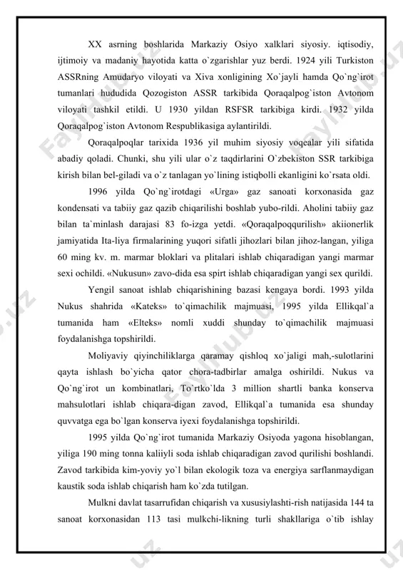 ng jami ishlab chiqarilgan mahsulotdagi ulushi 98,3 fo-izni tashkil etdi. ayrim qishloq xo`jalik mahsulotlari, jum-ladan, paxta yetishtirishda nodavlat korxonalarining hissasi 97,9 foizni, donchilikda 98,1 foizni, kartoshkachilikda 99,7 foizni, sabzavotchilikda 98,8 foizni, polizchilikda 95,1 fo-izni, bog`dorchilikda 98,5 foizni, pillachilikda 100 foizni, go`sht yetishtirishda 98,9 foizni, sut va tuxum ishlab chiqarish-da 99,4 foizni, qorako`l teri va jun yetishtirishda 100 foizni tashkil etdi. dehqonchilikda ekin maydonlarining tarkibi o`zgardi. agar 1991 yidda g`alla maydonlari ekin maydonlarining 27,1 foi-zini (jumladan, bug`doy 1,9) tashkil etgan bo`lsa, 1996 yilning oxirida bu 35,8 foizga yetdi (bug`doy maydonlari 8,3 foiz). shu davr mobaynida bugdoy yetishtirish 13,6 ming tonna, ya`ni 3 marta, kartoshka 6,7 ming tonna yoki 2,3 marta, sabzavot 11,4 ming tonna, uzum yetishtirish 4 martaga ko`paydi. respublika oziq-ovqat majmuasida shaxsiy yordamchi xo`jaliklarning his-sasi tobora ko`paydi. shu bilan birga chorvachilikda ahvol ancha mushkullashdi. murakkab iklim sharoiti tufayli respublikada keyingi yil-larda hayvonlar soni kamaydi. 1991 - 1996 yillarda xo`jalik-lar, davlat …