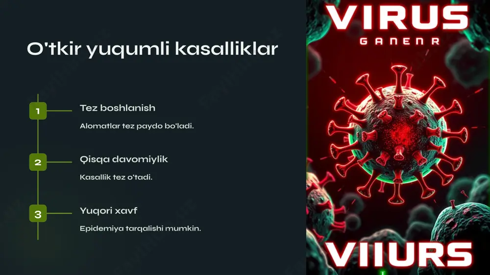 s) 1.ijtimoiy diskriminatsiya: genetik kasalliklar haqida ma'lumot tarqatish yoki testlardan o'tish odamlarning jamiyatda diskriminatsiyasiga sabab bo'lishi mumkin. bu, ayniqsa, kasalliklar naslga o'tish ehtimoli yuqori bo'lgan odamlar uchun salbiy oqibatlarga olib kelishi mumkin. 2.genetik manipulyatsiya: gen terapiyasi va boshqa genetik manipulyatsiyalar noxush yoki axloqiy masalalarga olib kelishi mumkin. ayrim holatlarda, bu texnologiyalarning noto'g'ri qo'llanilishi xavf tug'dirishi mumkin. 3.resurs yetishmasligi: genetik tadqiqotlar va davolash usullari rivojlanayotgan bo'lsa ham, barcha mamlakatlar yoki ijtimoiy guruhlar bunday tibbiy xizmatlarga teng imkoniyatga ega emas. bu, genetik kasalliklarning davolanish imkoniyatlarining taqsimlanishini tengsizlashtirishi mumkin xulosa va tavsiyalar nasildan nasilga o'tadigan kasalliklar insoniyat salomatligiga tahdid soladi. erta aniqlash, oldini olish va davolash usullari bu kasalliklarga qarshi kurashda muhimdir. image1.png image2.png image3.png image4.png image5.png image6.png image7.png image8.png image9.png image10.png image11.png image12.png image13.png image14.png image15.png image16.png image17.png image18.png