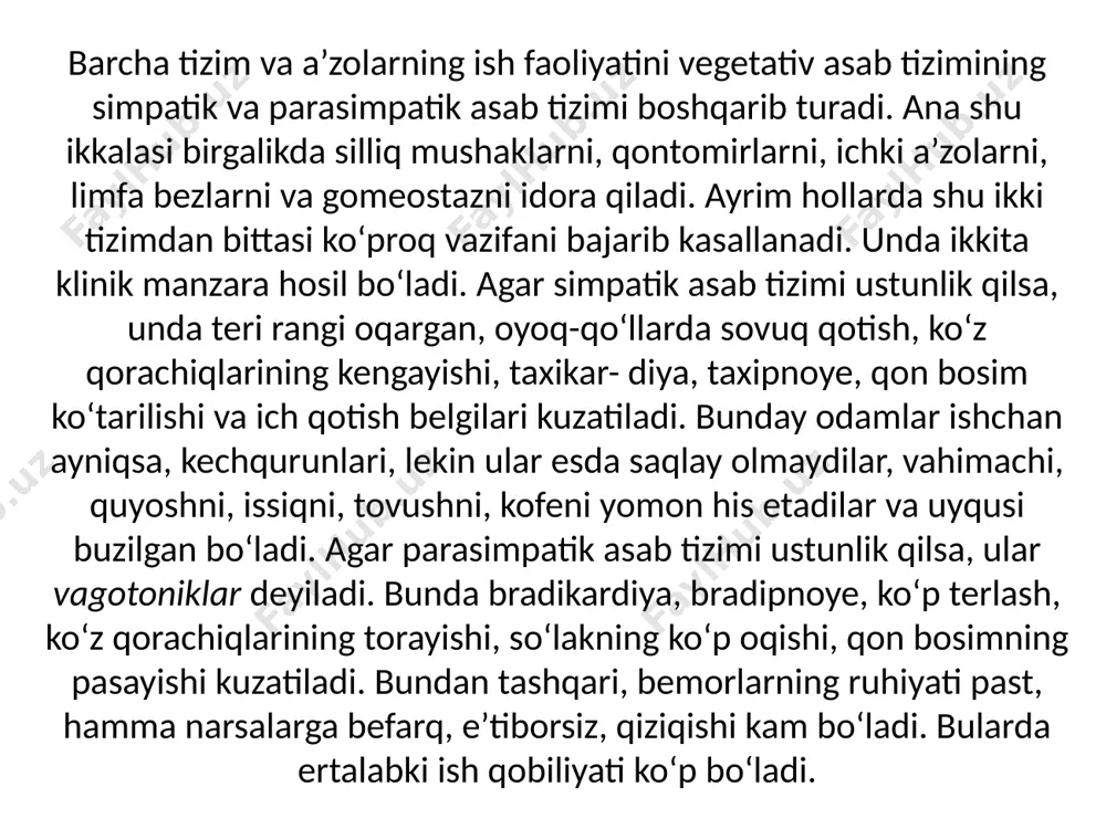 z oldida har xil narsalarning paydo bo‘lishi, qo‘l va oyoqlarda sovuq qotish, har xil paresteziya kuzatiladi. xuruj qattiq bosh og‘riq bilan boshlanib, boshning yarmida ko‘proq chakka qismida, ko‘zlarda, peshona — ensa qismida bo‘ladi. og‘riq qattiq bo‘lib, bemor yorug‘likka, tovushga nisbatan bezovta bo‘ladi. bemorning kayfiyati yomon bo‘lib, bir o‘zi qorong‘ilikda yotishga harakat qiladi. xuruj vaqtida ko‘ngil aynishi, yuzi, ko‘zlari qizargan bo‘lib, xuruj qusish bilan yakunlanadi. bemor uxlashga harakat qiladi. xuruj vaqtida mahalliy miya belgilari topilmaydi, faqat vegetativ asab tizimida o‘zgarishlar bo‘ladi. xuruj bir necha daqiqadan bir necha soatgacha davom etadi. migrenning turlari: 1. ko‘z xilida ko‘z oldida har xil narsalar paydo bo‘ladi. bunda ko‘z oldi tuman bilan qoplanib, bosh og‘riq xuruji bilan o‘tadi. bu xuruj 6 soatgacha davom etadi. 2. oddiy xili 85 %gacha uchraydi. bu xuruj 1 soatdan 1—2 kungacha davom etadi. bunda bemorning kayfiyati yomonligi, bezovtalik, ish qobiliyatining pasayishi, uyquchanlik, tez jahl chiqishi bilan birga bosh og‘riq ko‘proq ertalablari …