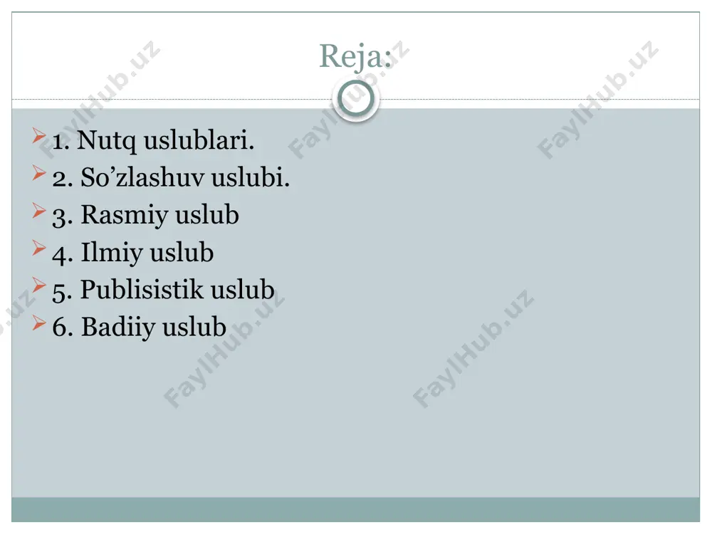 ni o‘z ichiga oladi. so’zlashuv uslubi rasmiy uslub davlat idoralari tomonidan chiqariladigan qarorlar, qonunlar, nizomlar, xalqaro hujjatlar rasmiy-idoraviy uslubda yoziladi. bunday uslubdagi hujjatlar qisqa, aniq, barcha uchun tushunarli qilib tuziladi. bu uslubning asosiy bеlgisi: jumlalarning bir qolipda, bir xil shaklda bo’lishi. bu uslubda ham so’zlar o’z ma'nosida qo’llanadi, ko’pchilikka ma'lum bo’lgan ayrim qisqartma so’zlar ishlatiladi, har bir sohaning o’ziga xos atamalaridan foydalaniladi. rasmiy-idoraviy uslubda ko’pincha darak gaplardan, qaror, buyruq, ko’rsatma kabilarda esa buyruq gaplardan ham foydalaniladi. bu uslubda gap bo’laklarining odatdagi tartibda bo’lishiga rioya qilinadi: o’z lavozimini suiistе'mol qilganligi uchun m.ahmеdovga hayfsan e'lon qilinsin. rasmiy uslubning asosiy xususiyatlari: grammatik xususiyatlari rasmiy ish yuritish uslublari ilmiy uslub fan-tеxnikaning turli tarmoqlariga doir ilmiy asarlar, darsliklar ilmiy uslubda yoziladi. ilmiy uslub aniq ma'lumotlar asosida chiqarilgan ilmiy xulosalarga boy bo’lishi bilan boshqa uslublardan farq qiladi. ilmiy uslubda har bir fanning o’ziga xos ilmiy atamalaridan foydalaniladi, bu uslubda so’zlar o’z ma'nosida qo’llanadi, qoida yoki ta'rifning …