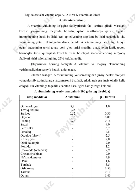 st atmosfera bosimi sharoitida ishlash va hokazo) ta'siriga uchraganida uning retinolga bo‘lgan talabi bir necha marta oshib ketar ekan. bunday paytlar a vitaminiga boy mahsulotlarni kundalik iste'molda ko‘paytirish kerak. 12- jadvalda ko‘ringanidek, ushbu vitaminga eng boy mahsulotlar bu qoramol jigari, sabzi, chetan (ryabina), chakanda (oblepixa), petrushka va shu kabi ko‘katlar ekan. sabzining nafaqat ildizmevasi, balki bargi ham karotinga boy bo‘ladi, shuning uchun uni bemalol salatlarga qo‘shib yoki quritib olinganini ovqatga sepib ishlatish a vitaminiga bo‘lgan ehtiyojni qondirishda muhim ahamiyat kasb etadi. a vitaminining yetishmasligidan yuzaga keladigan asosiy kasalliklarga biri shabko’rlikdir. bunday olam qorong’u tushishi bilan tevarak atrofni ko’rmay qoladi. shabko’rlik belgilari boryo‘qligini aniqlash uchun qorong‘ulashtirilgan xonaga kirish bilan ko‘rish holatining qanday bo‘lishini tekshirib ko’rish kerak. agar 3-4 soniya o‘tishi bilan qorong‘ulashtirilgan xonadagi narsalarni ko‘ra boshlasangiz, vujudingizda bu vitamin yetarli ekan. 8-10 soniyadan keyin ko‘rish tiklansa oz, 15-20 soniyadan keyingina salpal ko‘ra boshlasangiz u ancha kamayib ketgan bo‘ladi. qadimgi xitoyda va …