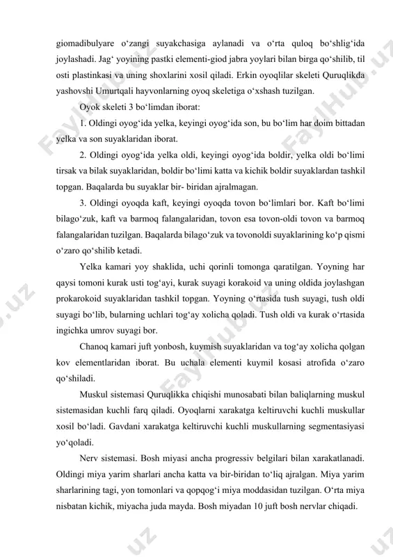urakkablashadi va o‘rta quloq bo‘shlig‘i xosil bo‘ladi. o‘rta quloq tashqi tomondan nog‘ora parda bilan o‘ralgan. ko‘zning shox pardasi bo‘rtib chiqqan, ko‘z gavxari linzasimon shaklga ega. qovoqlar ko‘zni ximoya qiladi. xid bilish organi tashqi va ichki burun teshiklaridan iborat. suvda yashovchi itbaliqlarda yon chizig‘i organi bo‘ladi. ovqat xazm qilish organlari. og‘iz teshigi serbar og‘iz- xalqum bo‘shlig‘iga ochiladi. og‘iz-xalqum bo‘shlig‘iga xonalari, xiqildoq yorig‘i, evstaxiev nayining bir uchi va sulak bezlarining chiqarish yo‘llari ochiladi. og‘iz –xalqumbo‘shlig‘ining tagida til joylashadi. tilning uchi og‘iz to‘riga qarab qayrilgan. til shilimshiq modda ajratadi, u xasharotlarni ushlash uchun xizmat qiladi. jag‘ oraliq, ustki jag‘ va dimog‘ suyaklarida uchi biroz orqа tomonga qaratilgan tish joylashadi. og‘iz-xalqum bo‘shlig‘i torayib qizilo‘ngachga ochiladi, u oshqozonga o‘tadi. ichak baliqlarining ichagiga nisbatan ancha uzun. katta jigarining o‘t pufagi va oshqozon osti bezining chiqarish yo‘llari ichakning oldingi qismiga ochiladi. ichakning keyingi qismi to‘g‘ri ichak kloakaga ochiladi. nafas olish organlari. voyaga yetgan baqa o‘pka va teri …