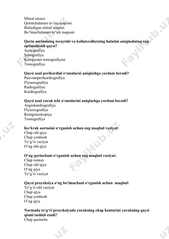 ljiydi? to‘sh ortidagi zob nevrinoma teratoma perikard kistasi ko‘ks oralig‘ining oldingi yuqori qismida joylashadi: to‘sh suyagi ortidagi buqoq gastroenterogen kista lipoma perikardial kista yurakni o‘rganishdagi asosiy holatlar: old, o‘ng qiya, chap qiya, chap yonbosh old, orqa, chap qiya, o‘ng yonbosh old, orqa, chap yonbosh, o‘ng yonbosh old, orqa, chap yonbosh aortaning barcha bo‘limlarini o‘rganish uchun eng maqbul vaziyatlar qaysi? chap qiya o‘ng va chap qiya yon tomon to‘g‘ridan-to‘g‘ri pozitsiya chap qorinchani o‘rganish uchun eng maqbul vaziyatlar qaysi? old va chap qiya chap qiya va lateral yon va o‘ng qiya chap qiya va o‘ng yonbosh yurak mitral konfiguratsiyasining belgilari: yurak beli tekislashgan, yurak uchburchak shaklda yurak kichkina, o‘pka arteriyasi ustunlik qiladi, diafragma gumbazlari past joylashgan yurak yumaloq, beli yassilangan barcha javoblar noto‘g‘ri yurak mitral konfiguratsiyasi qaysi kasallikda kuzatiladi: mitral paroklarda aortal nuqsonlar aorta kaortatsiyasida arterial gipertenziyada yurak aortal konfiguratsiyasining belgilari: yurak beli botiqlashgan, yurak etikcha shaklda yurak kichkina, diafragma gumbazlari baland …
